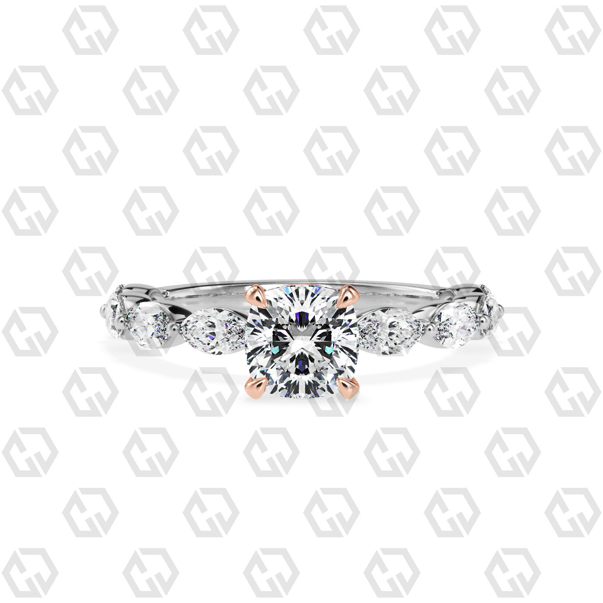 Ring 82 Cushion Shape marquise on shanks with Gems 3D print model_3