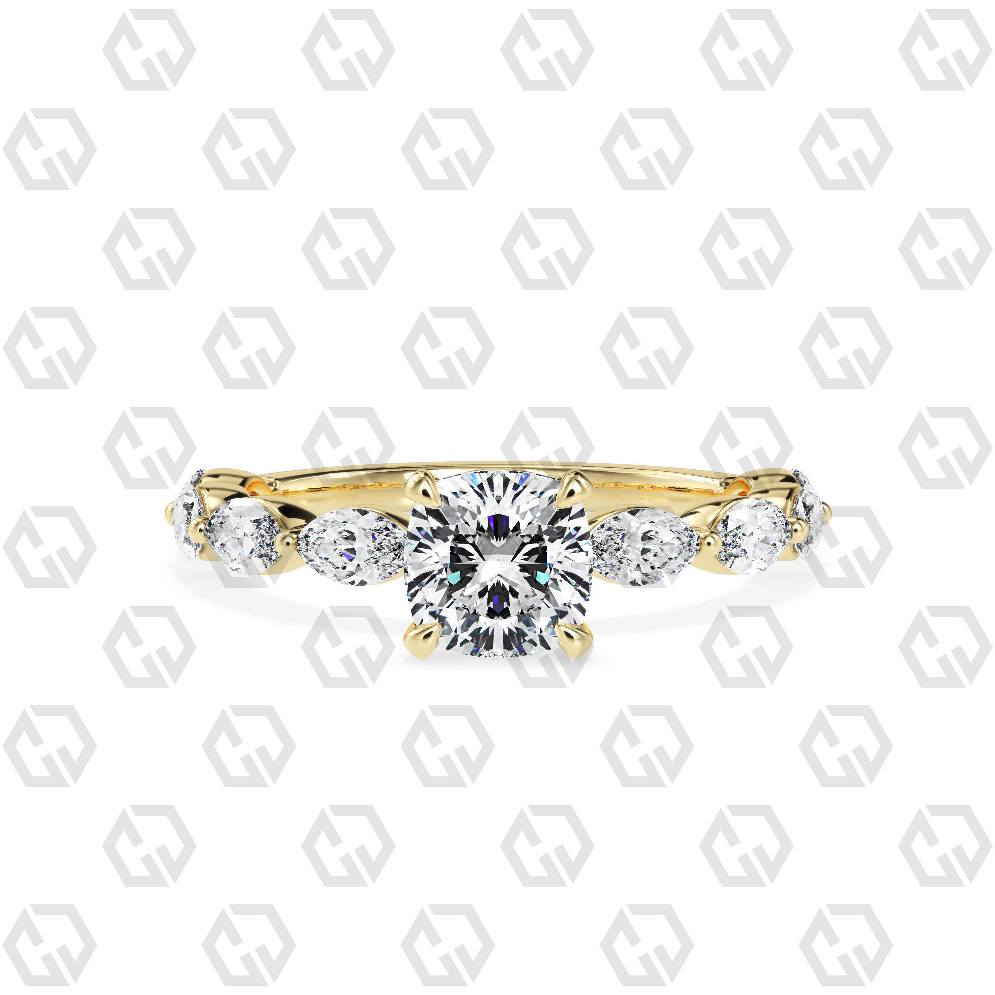 Ring 82 Cushion Shape marquise on shanks with Gems 3D print model_13