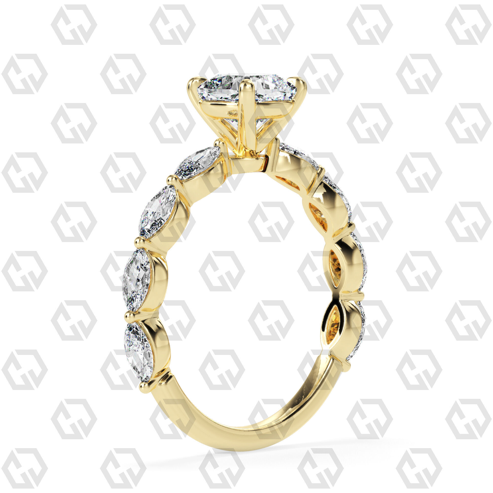 Ring 82 Cushion Shape marquise on shanks with Gems 3D print model_12