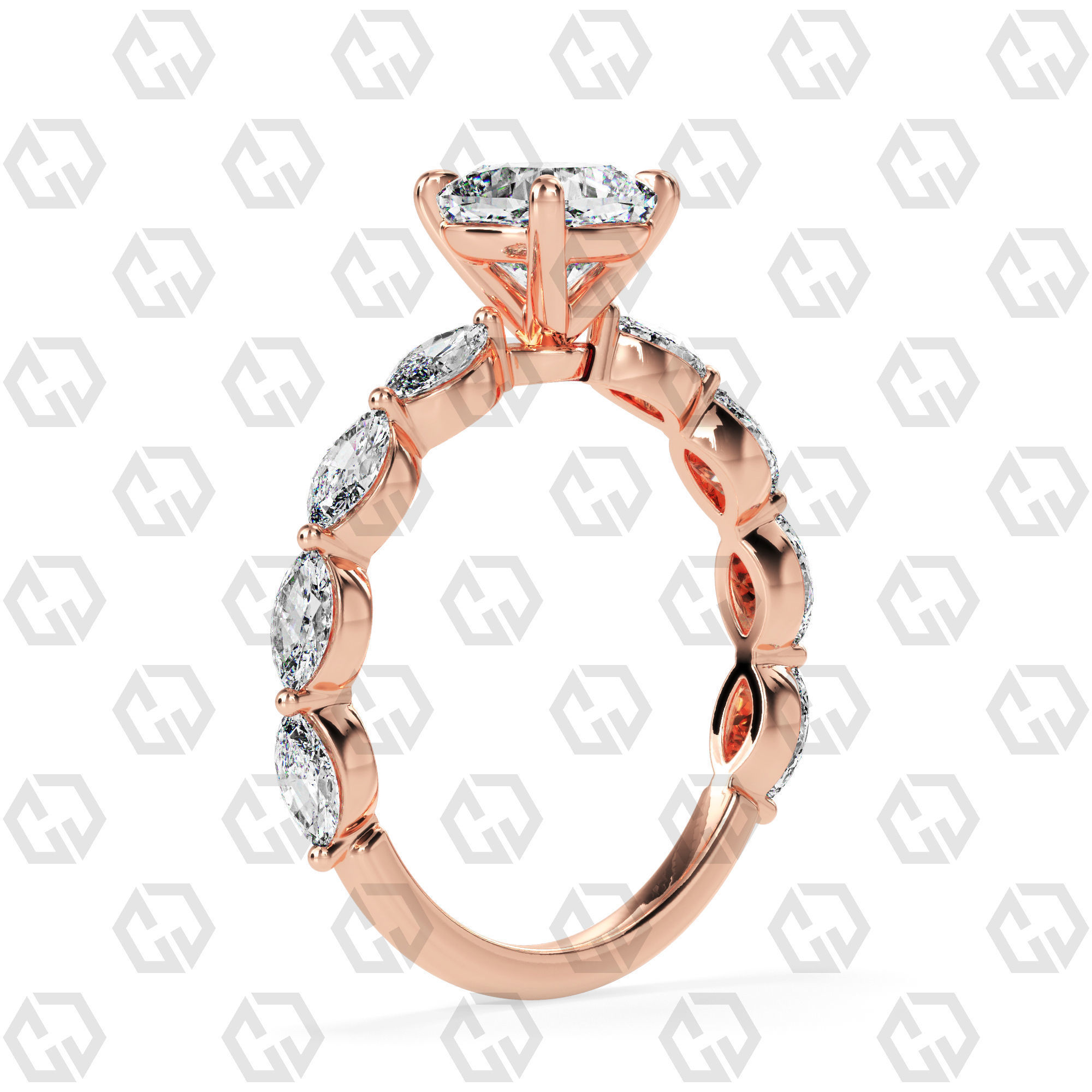 Ring 82 Cushion Shape marquise on shanks with Gems 3D print model_1