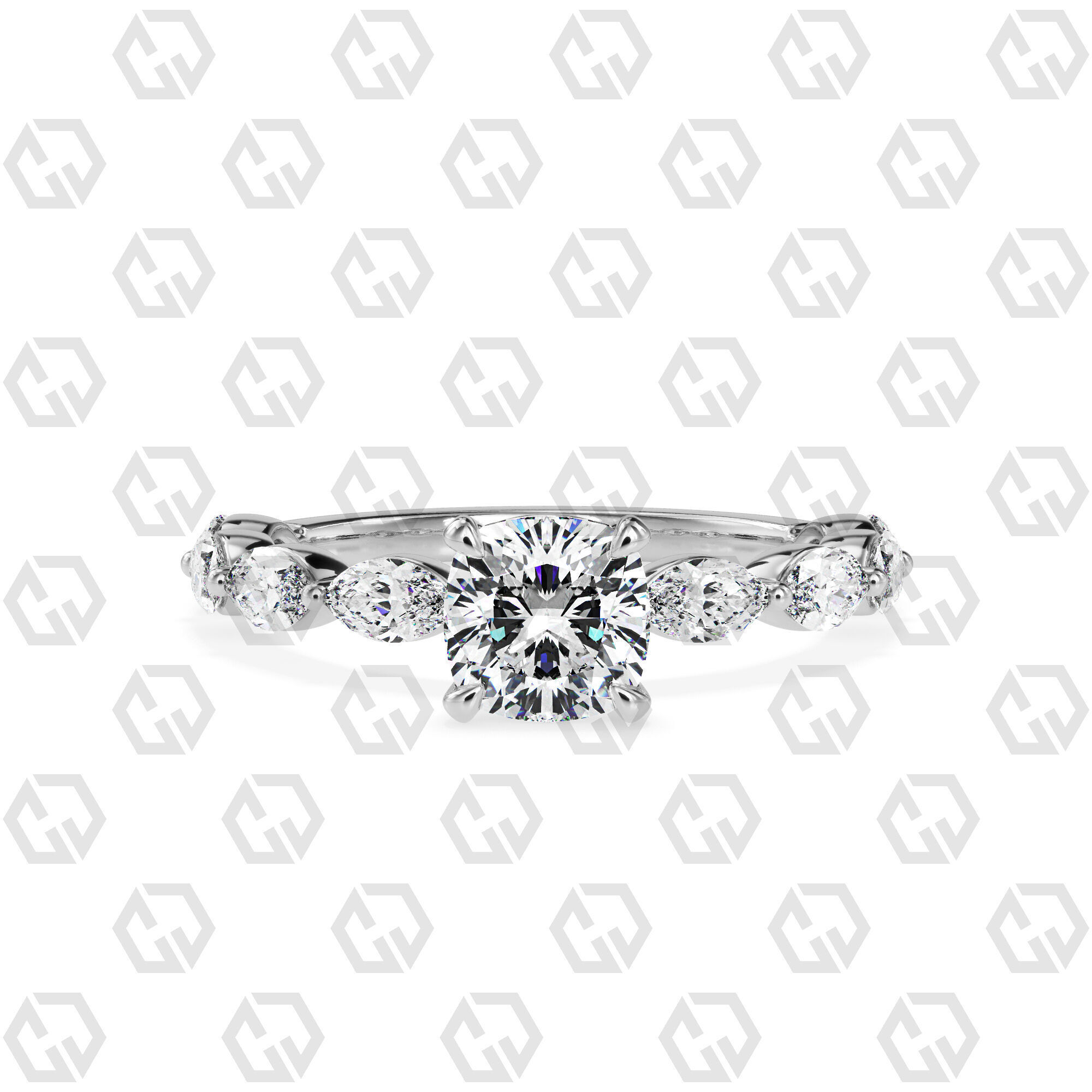 Ring 82 Cushion Shape marquise on shanks with Gems 3D print model_7