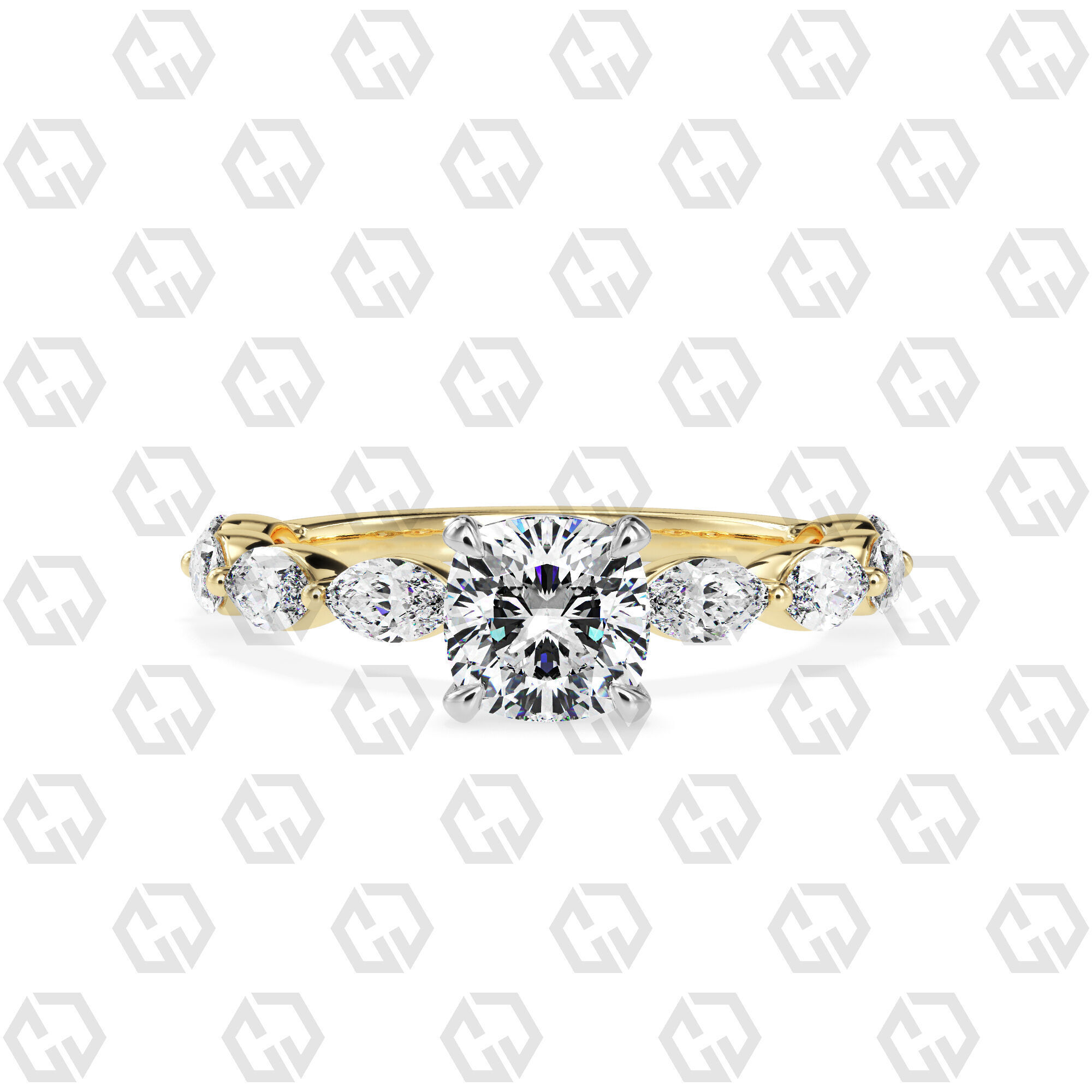 Ring 82 Cushion Shape marquise on shanks with Gems 3D print model_9