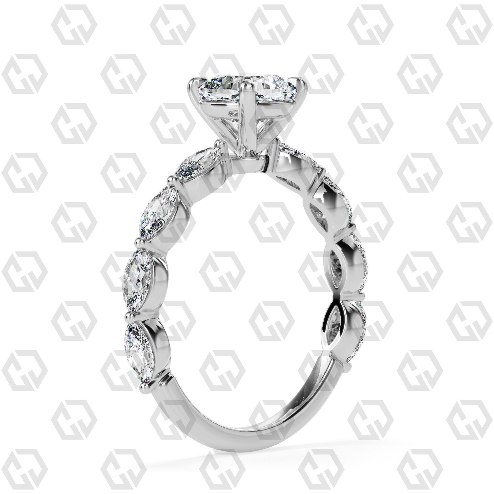 Ring 82 Cushion Shape marquise on shanks with Gems 3D print model_6