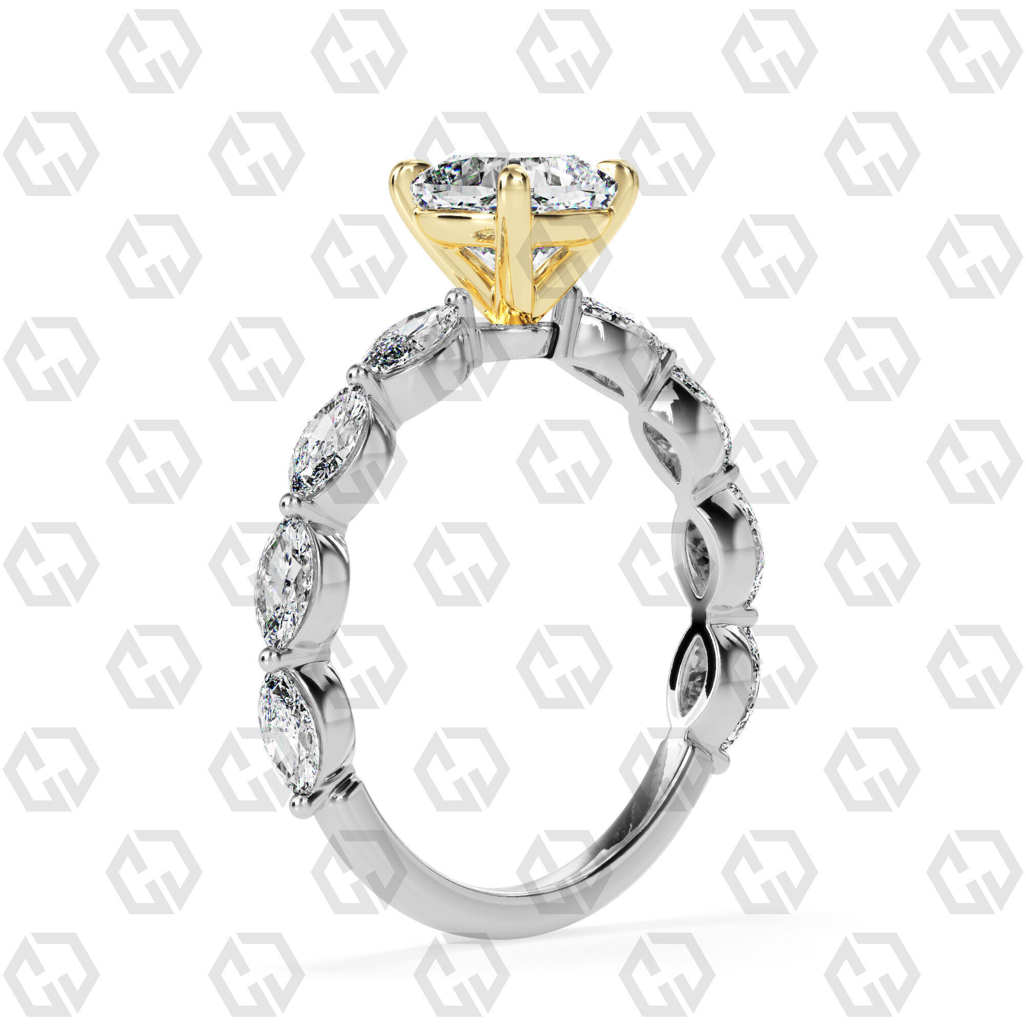 Ring 82 Cushion Shape marquise on shanks with Gems 3D print model_10