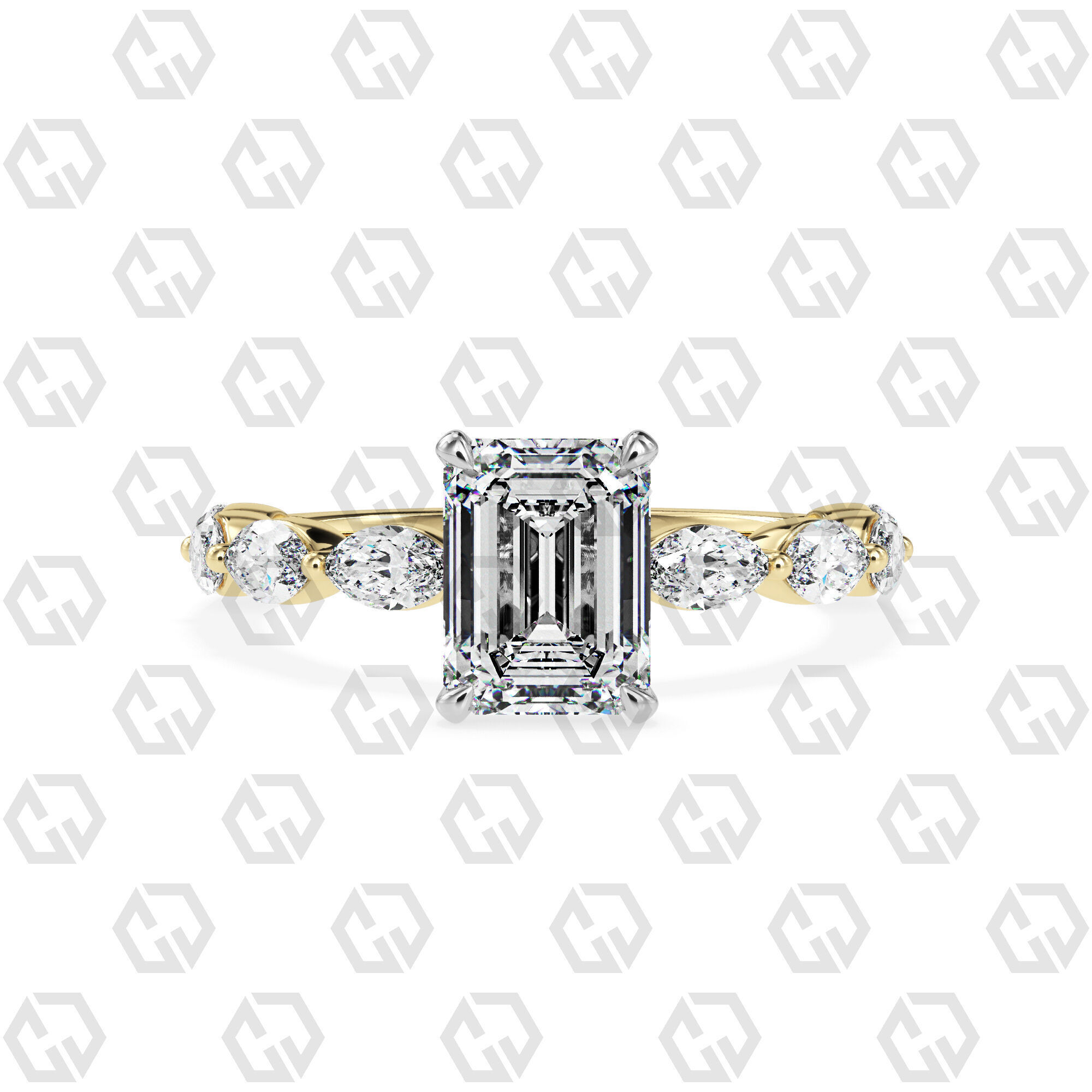 Ring 83 Emerald Shape marquise on shanks with Gems 3D print model_9