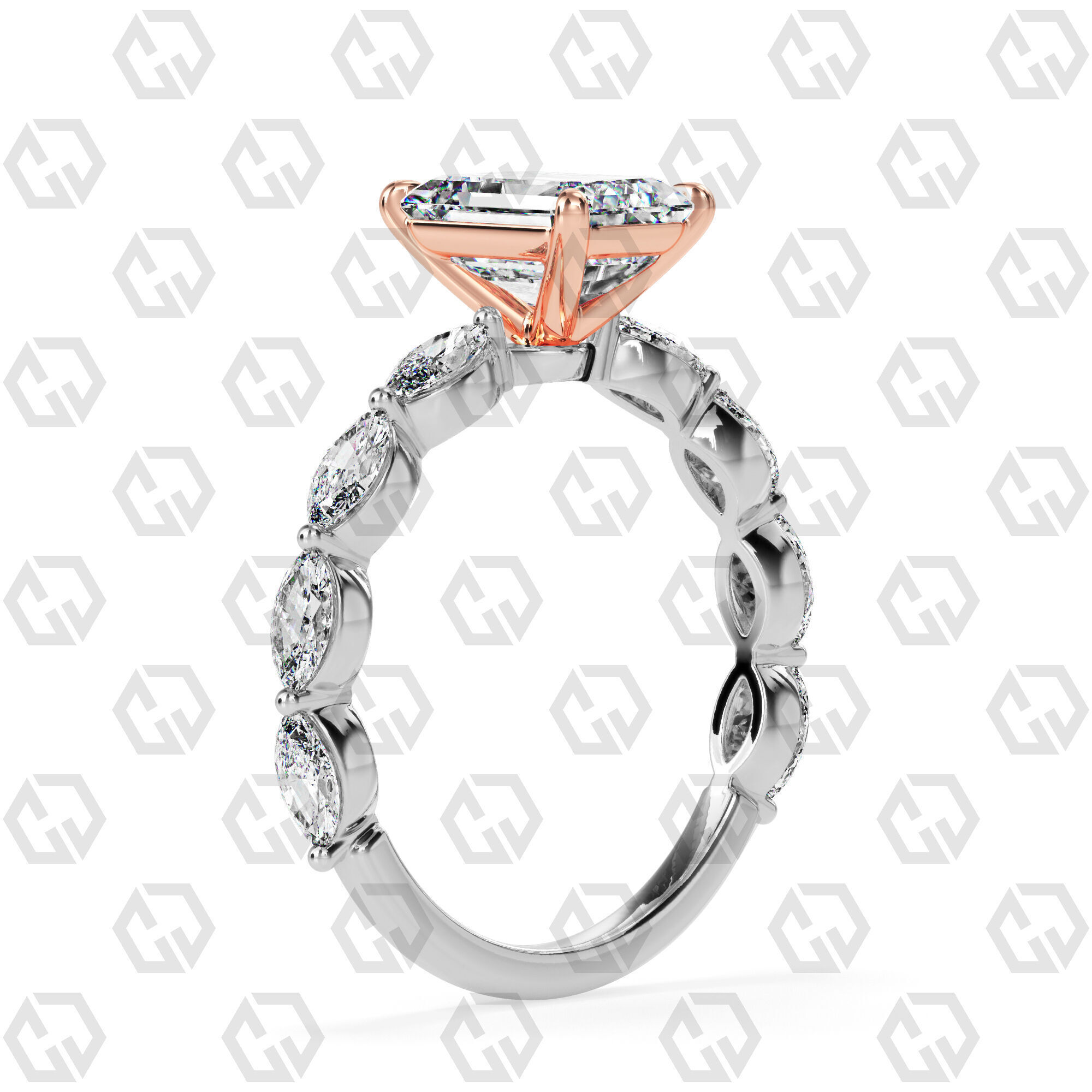 Ring 83 Emerald Shape marquise on shanks with Gems 3D print model_2