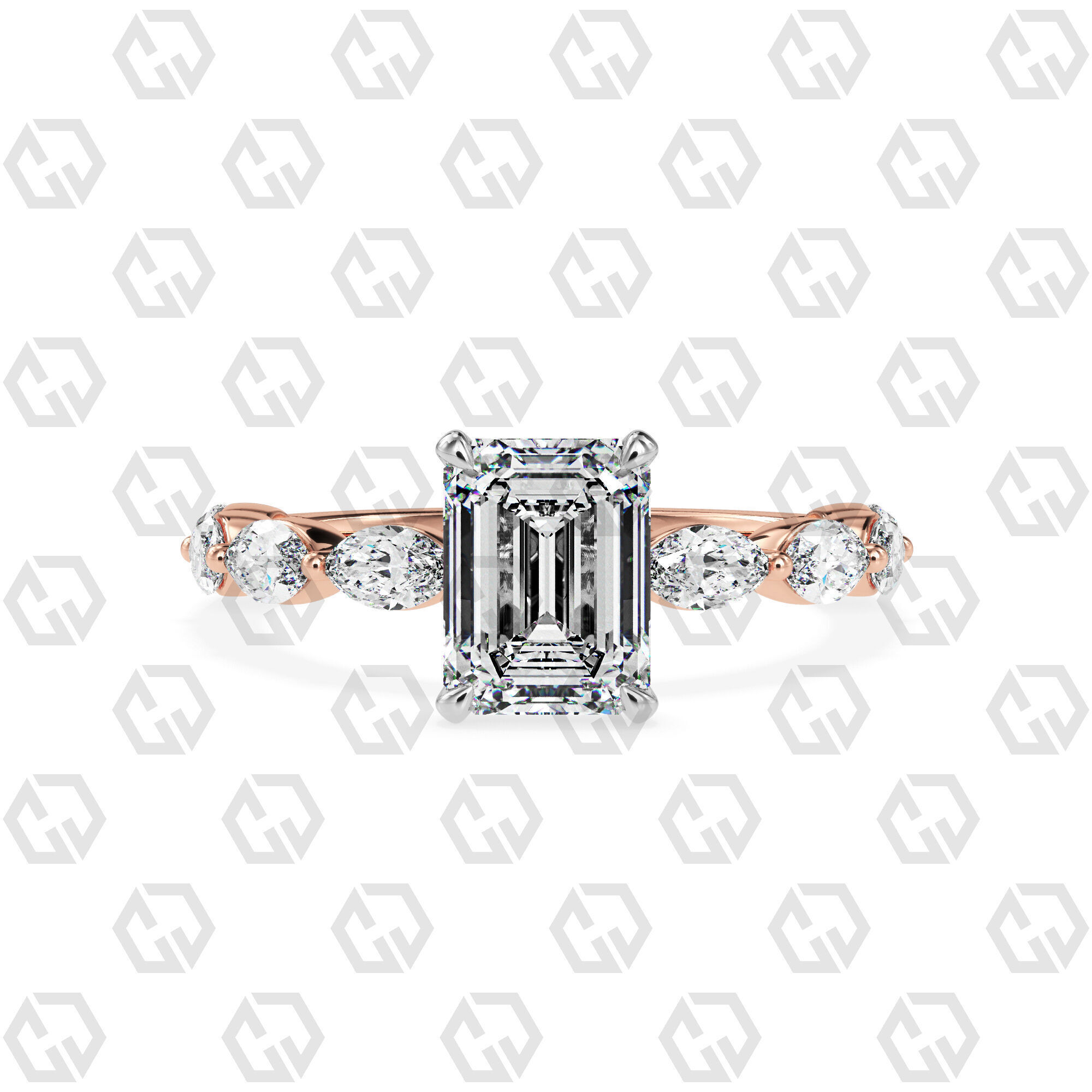 Ring 83 Emerald Shape marquise on shanks with Gems 3D print model_5