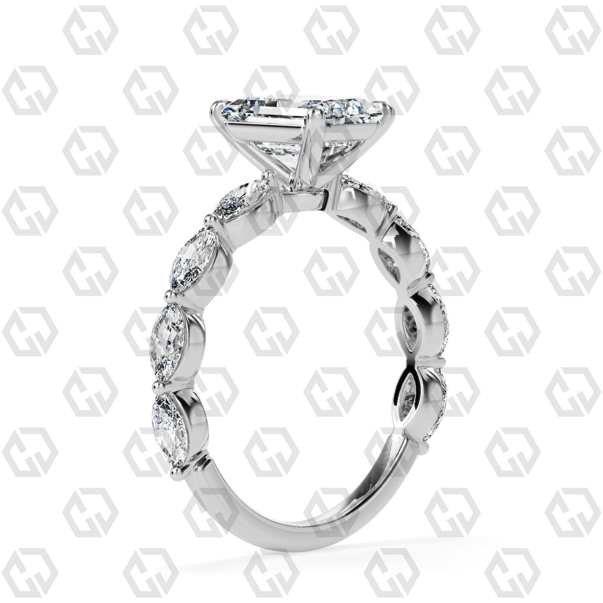 Ring 83 Emerald Shape marquise on shanks with Gems 3D print model_6