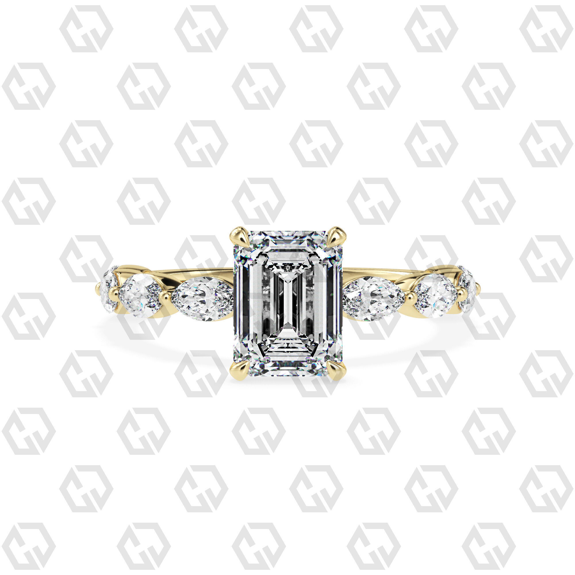 Ring 83 Emerald Shape marquise on shanks with Gems 3D print model_13