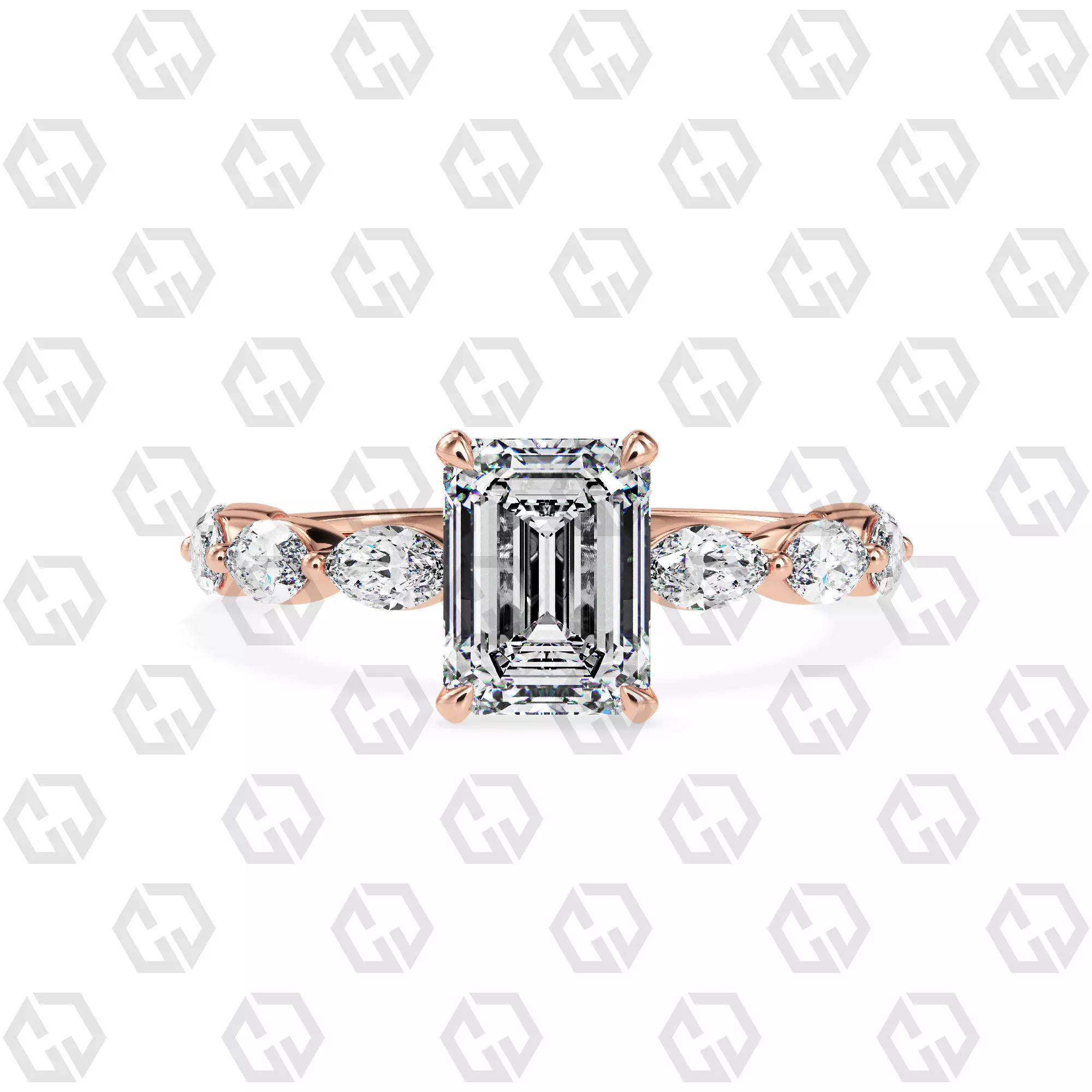 Ring 83 Emerald Shape marquise on shanks with Gems 3D print model_0