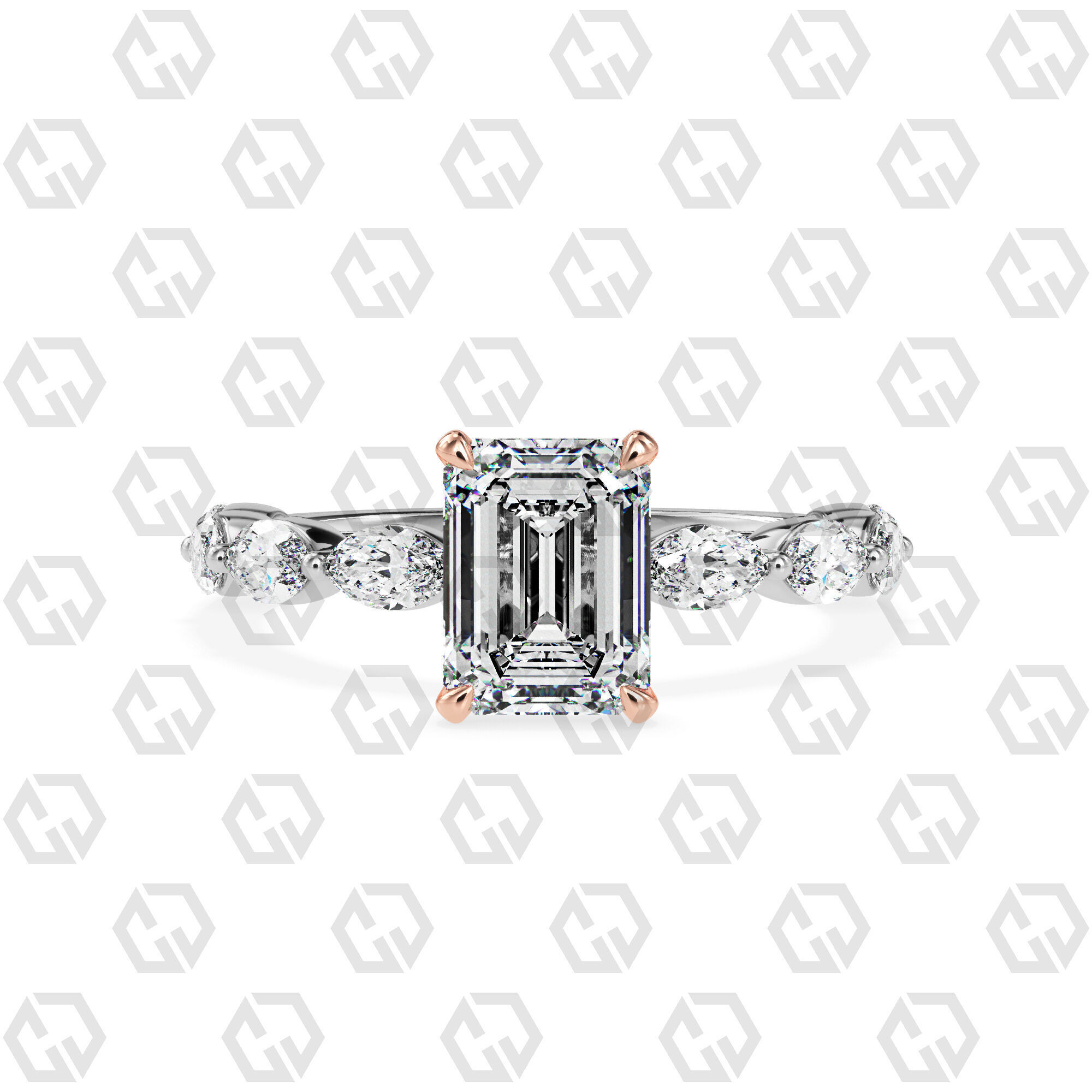 Ring 83 Emerald Shape marquise on shanks with Gems 3D print model_3