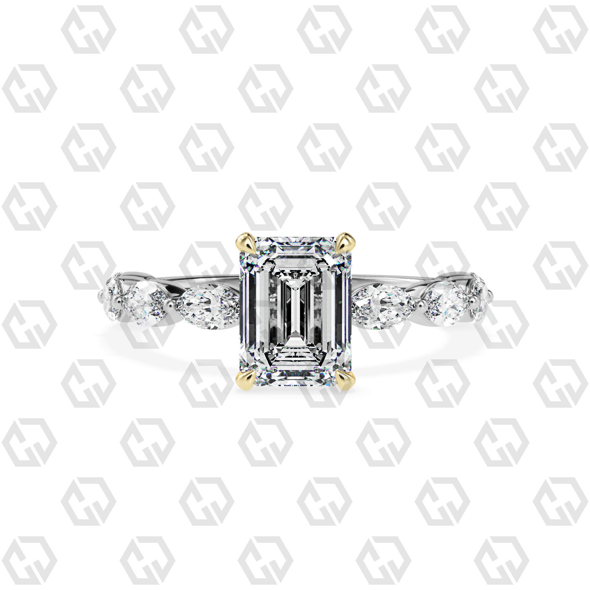 Ring 83 Emerald Shape marquise on shanks with Gems 3D print model_11