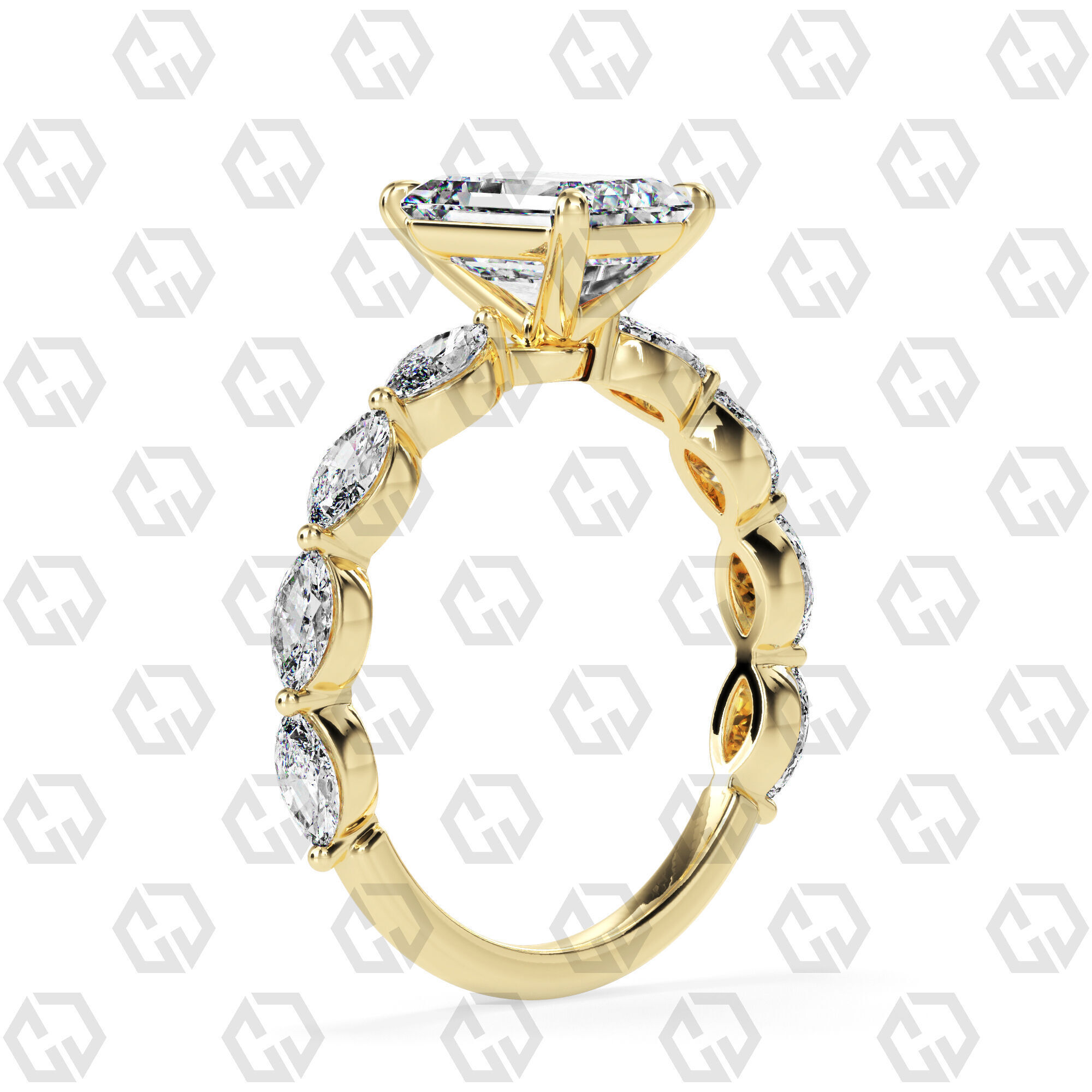 Ring 83 Emerald Shape marquise on shanks with Gems 3D print model_12