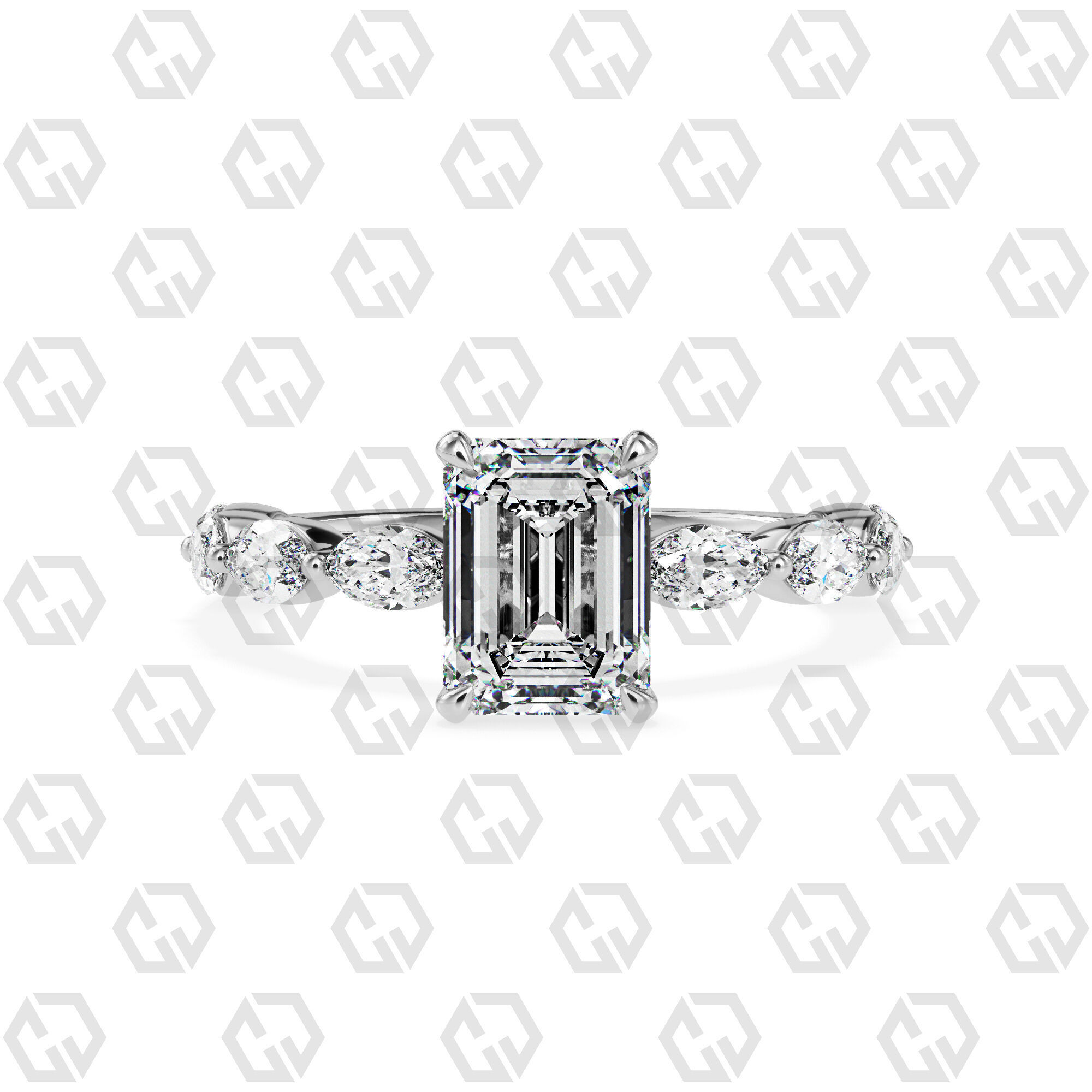 Ring 83 Emerald Shape marquise on shanks with Gems 3D print model_7