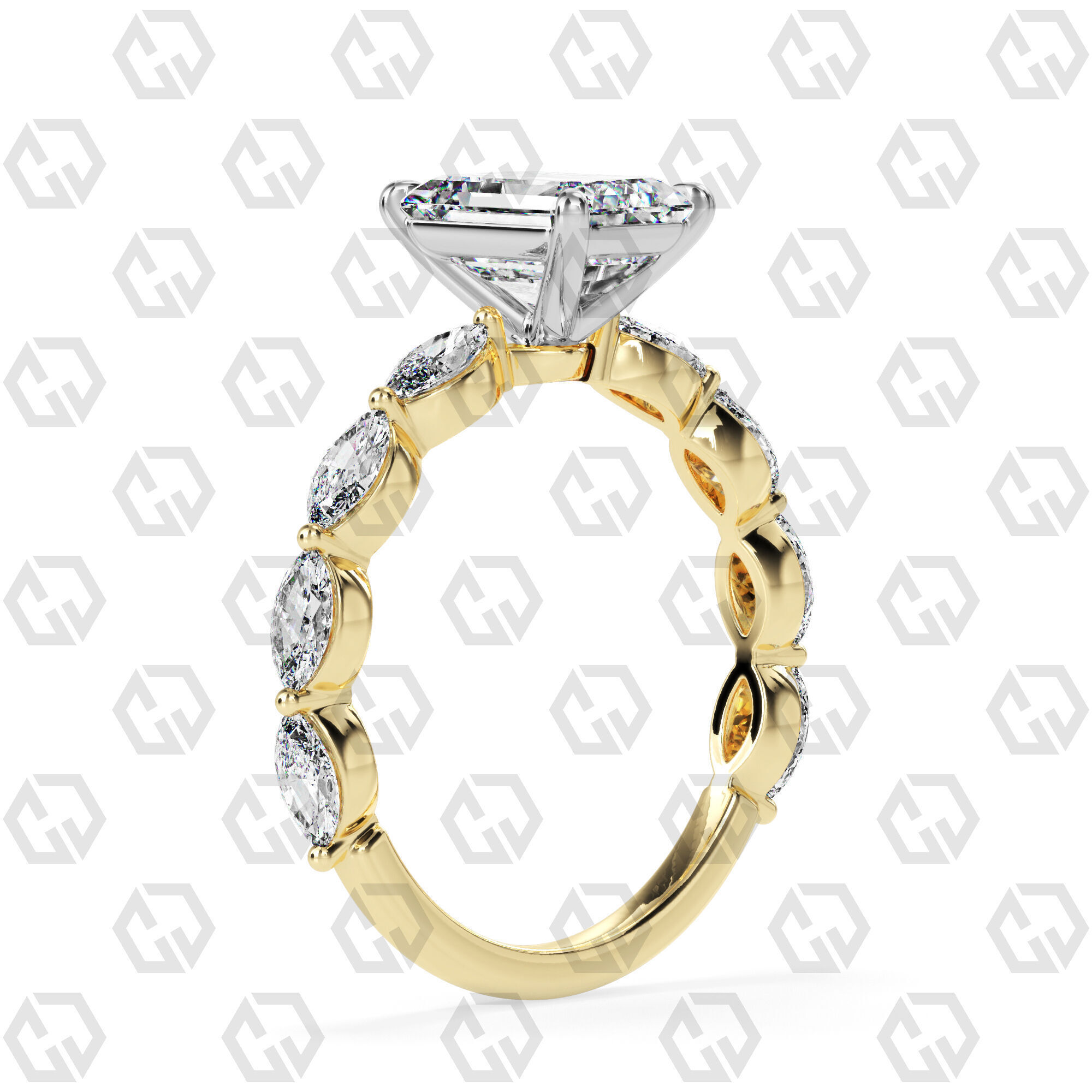 Ring 83 Emerald Shape marquise on shanks with Gems 3D print model_8