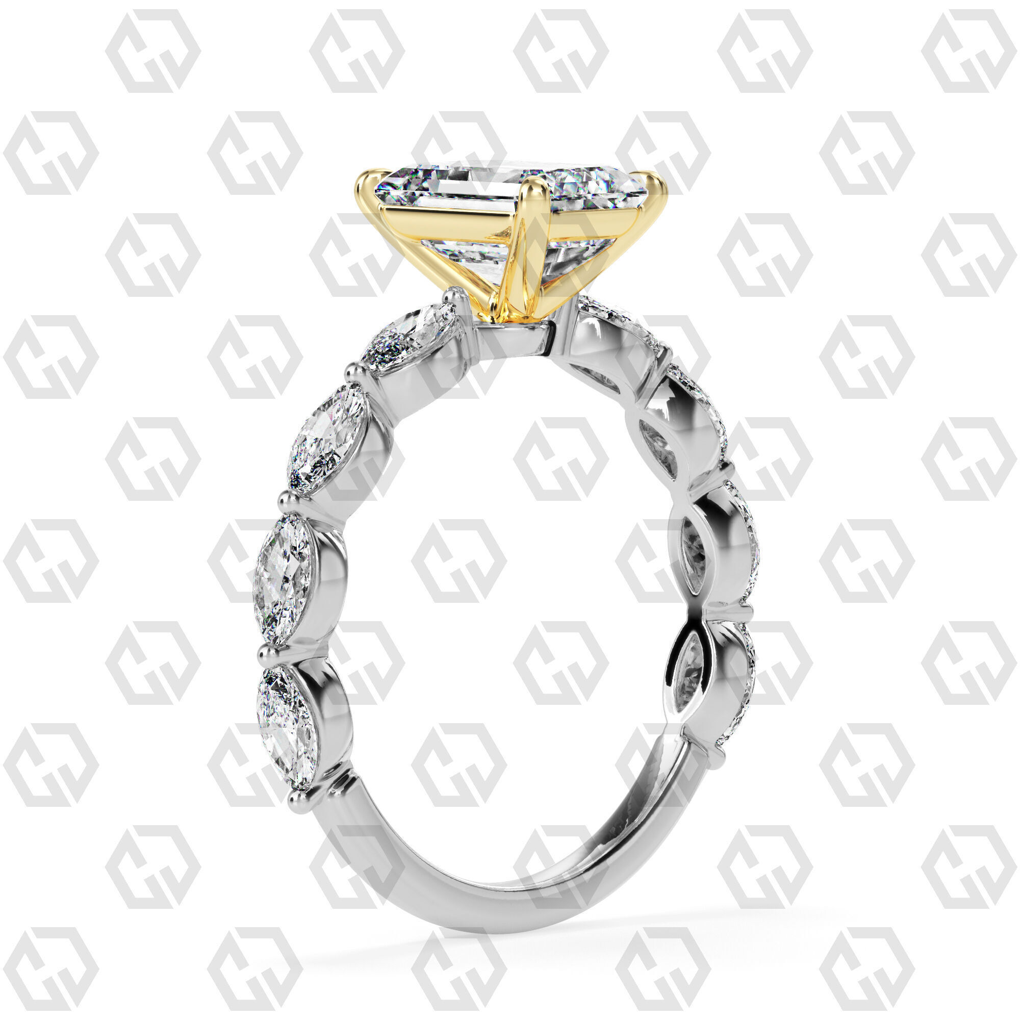 Ring 83 Emerald Shape marquise on shanks with Gems 3D print model_10