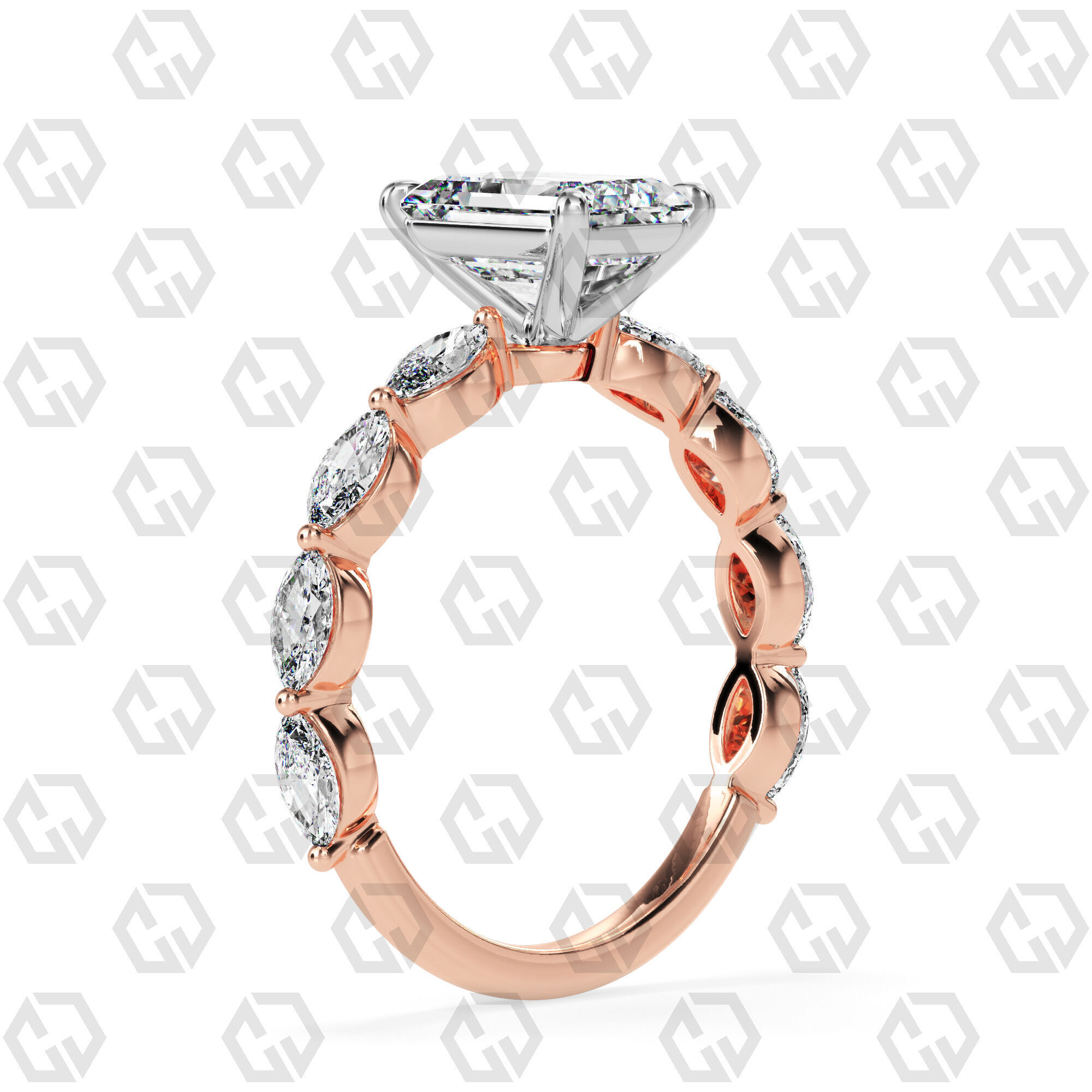 Ring 83 Emerald Shape marquise on shanks with Gems 3D print model_4