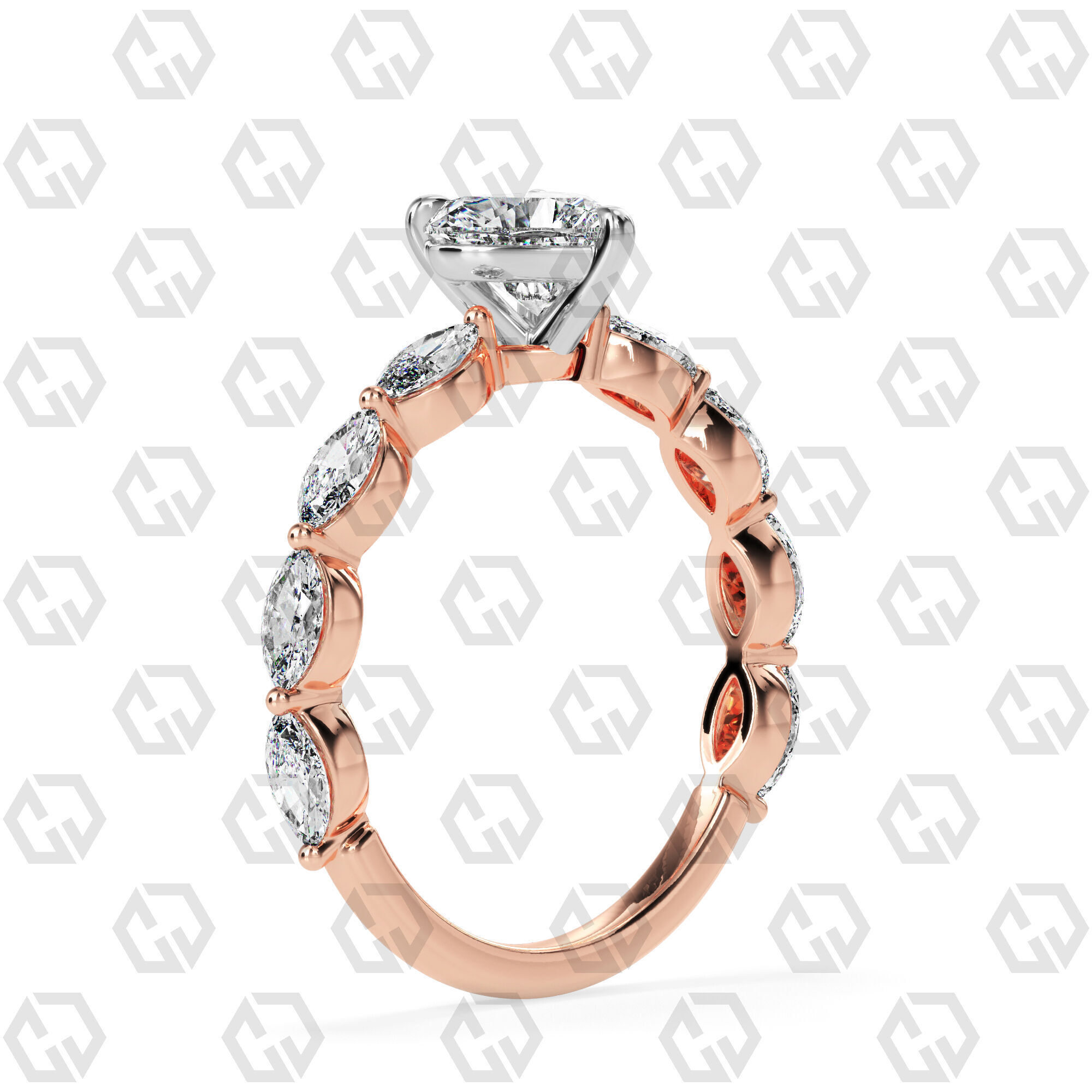 Ring 84 Heart Shape marquise on shanks with Gems 3D print model_4