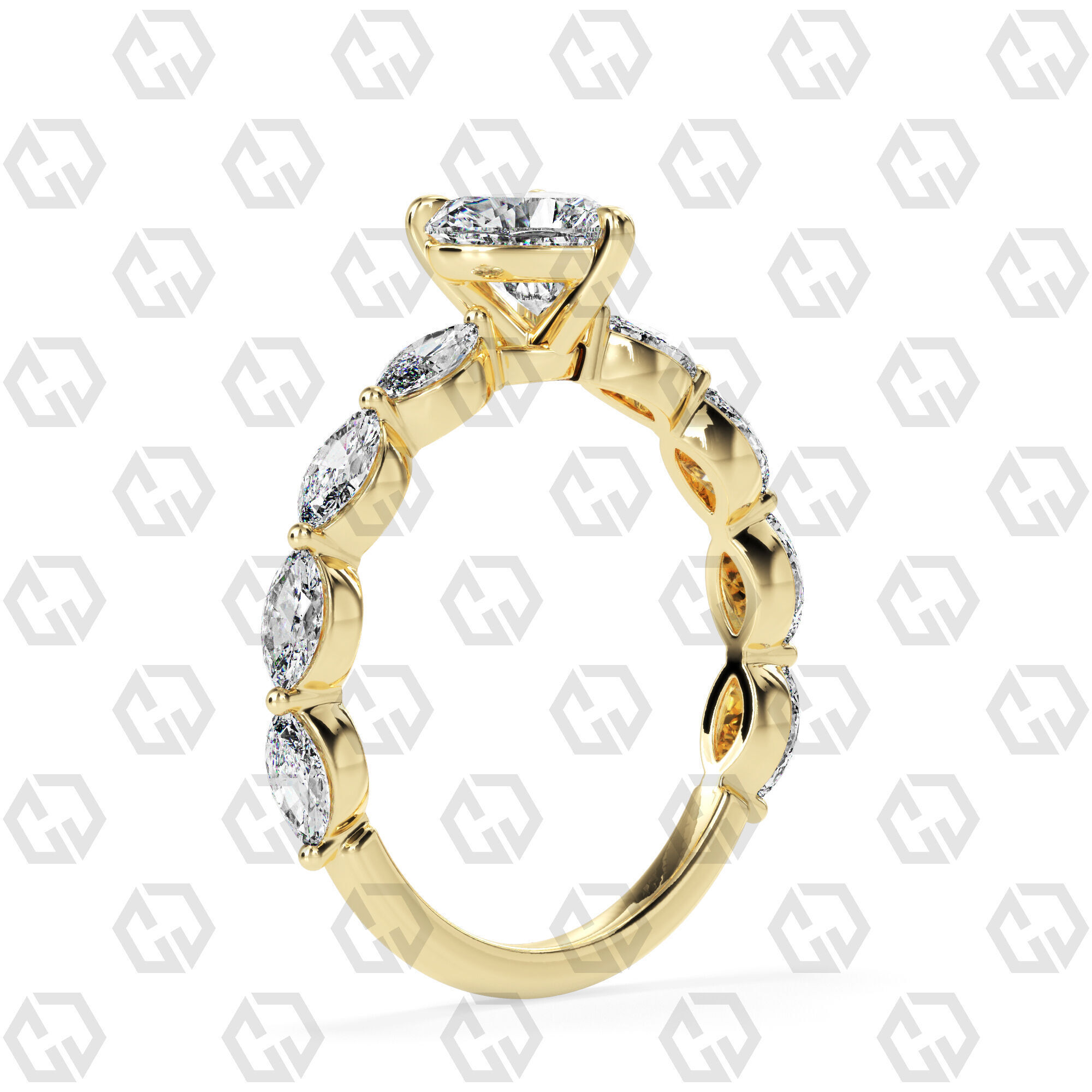 Ring 84 Heart Shape marquise on shanks with Gems 3D print model_12