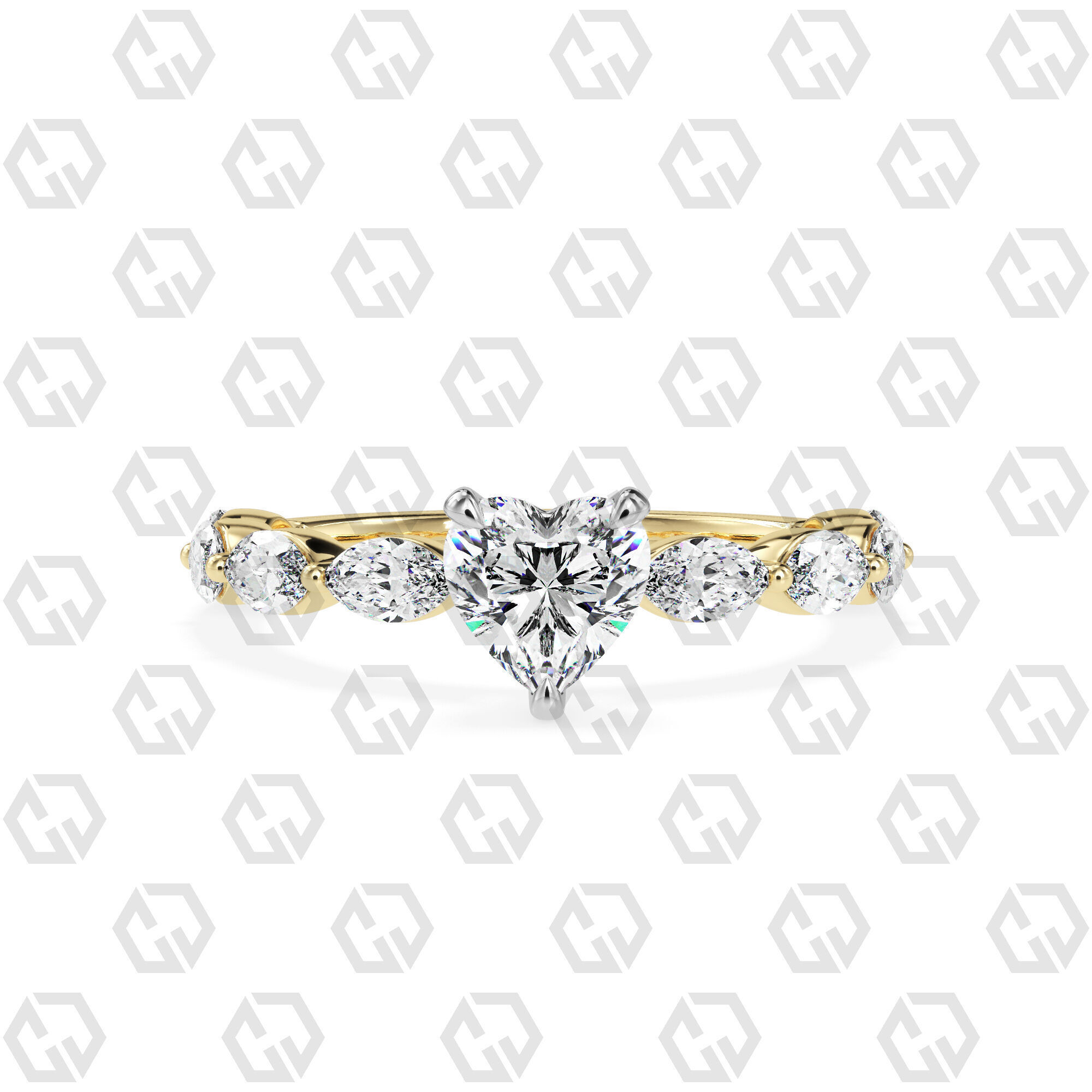 Ring 84 Heart Shape marquise on shanks with Gems 3D print model_9