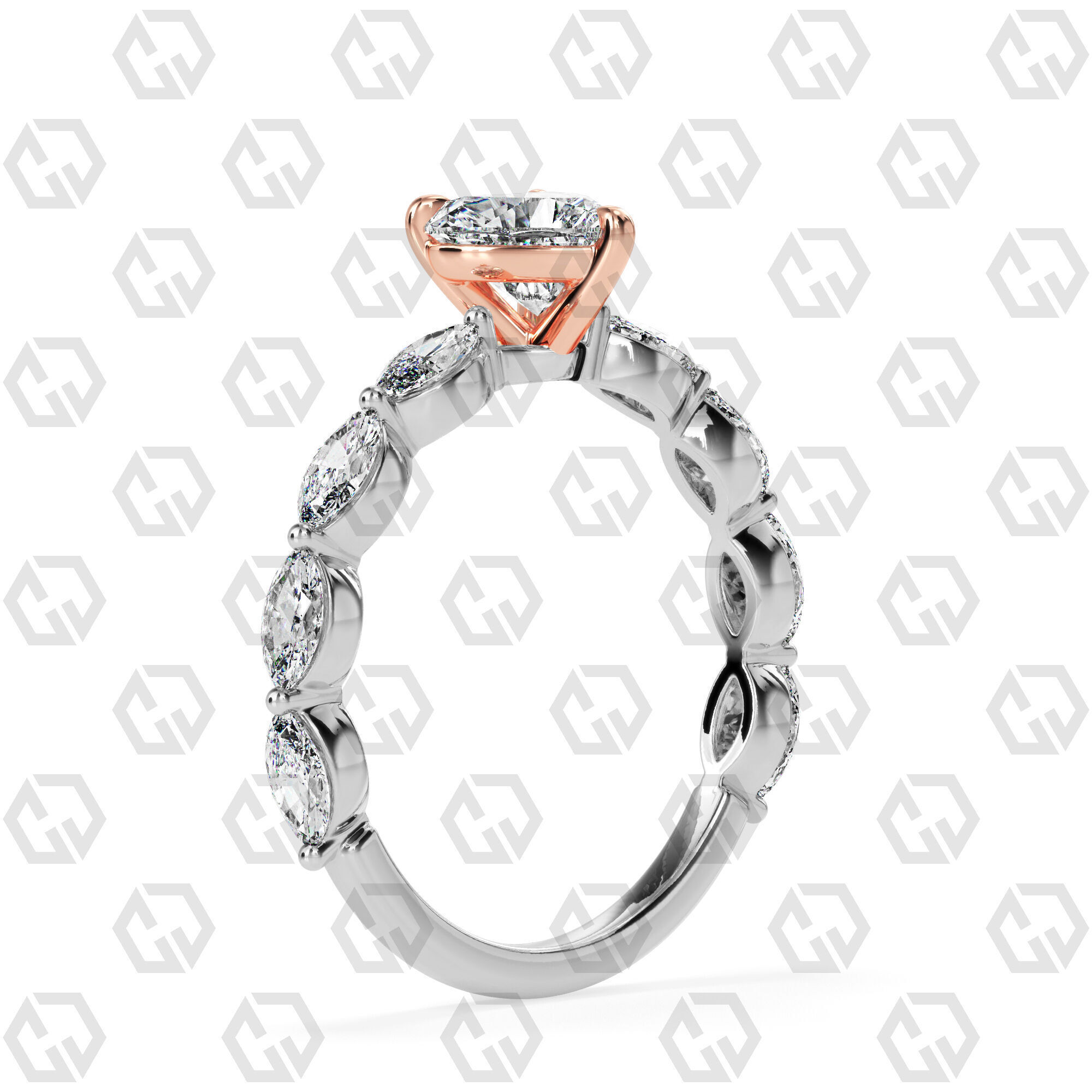 Ring 84 Heart Shape marquise on shanks with Gems 3D print model_2