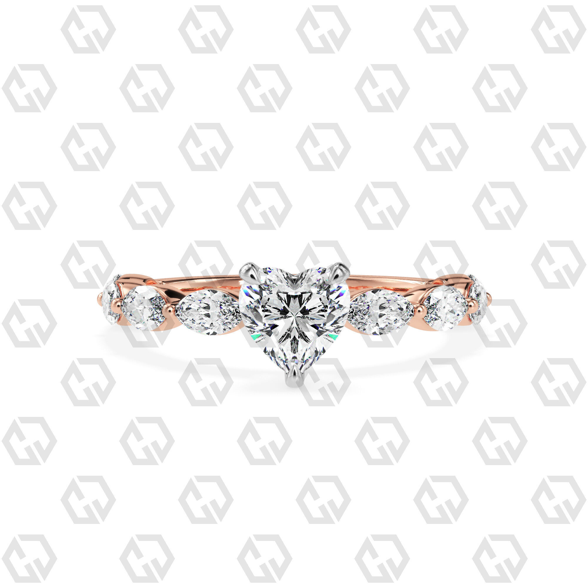 Ring 84 Heart Shape marquise on shanks with Gems 3D print model_5