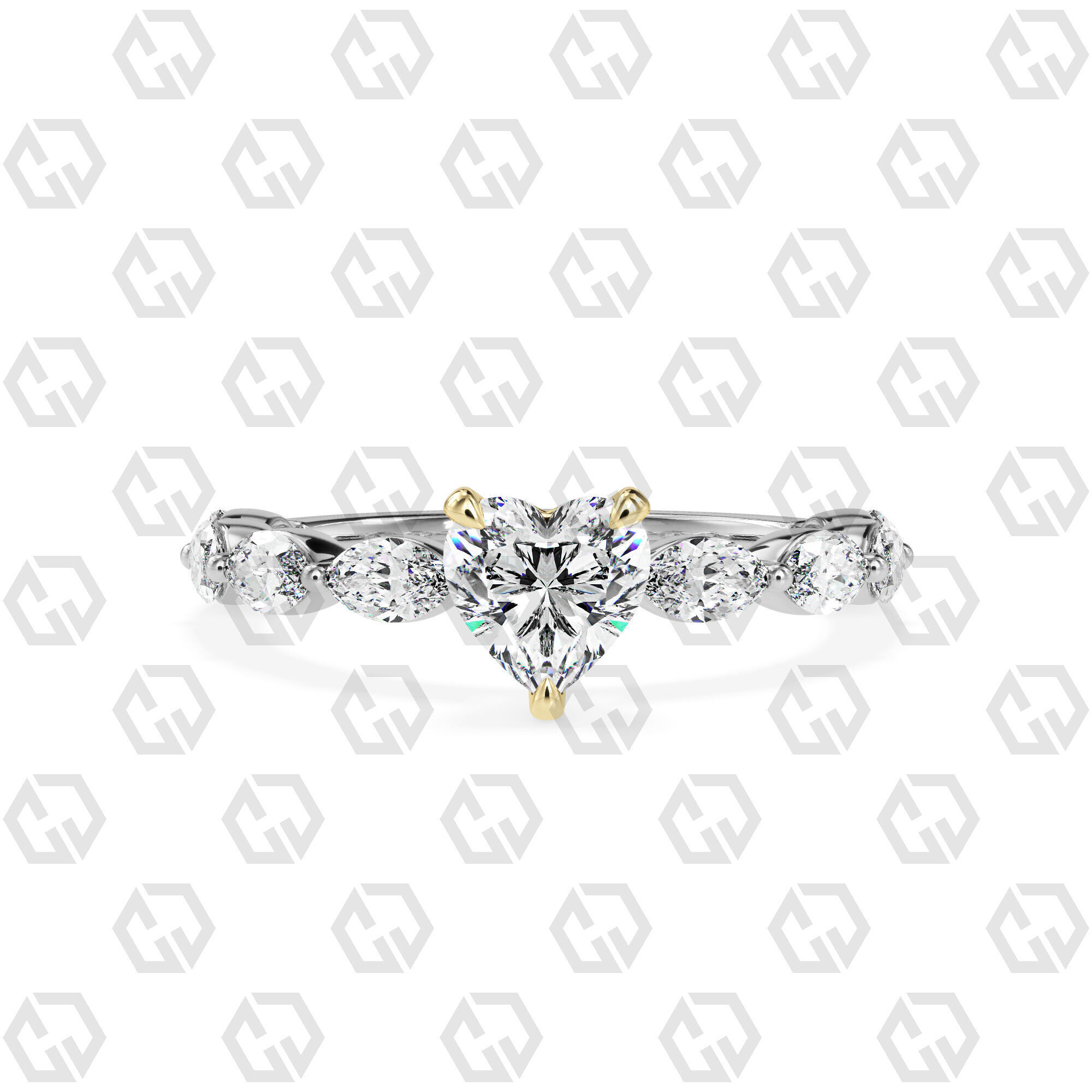 Ring 84 Heart Shape marquise on shanks with Gems 3D print model_11