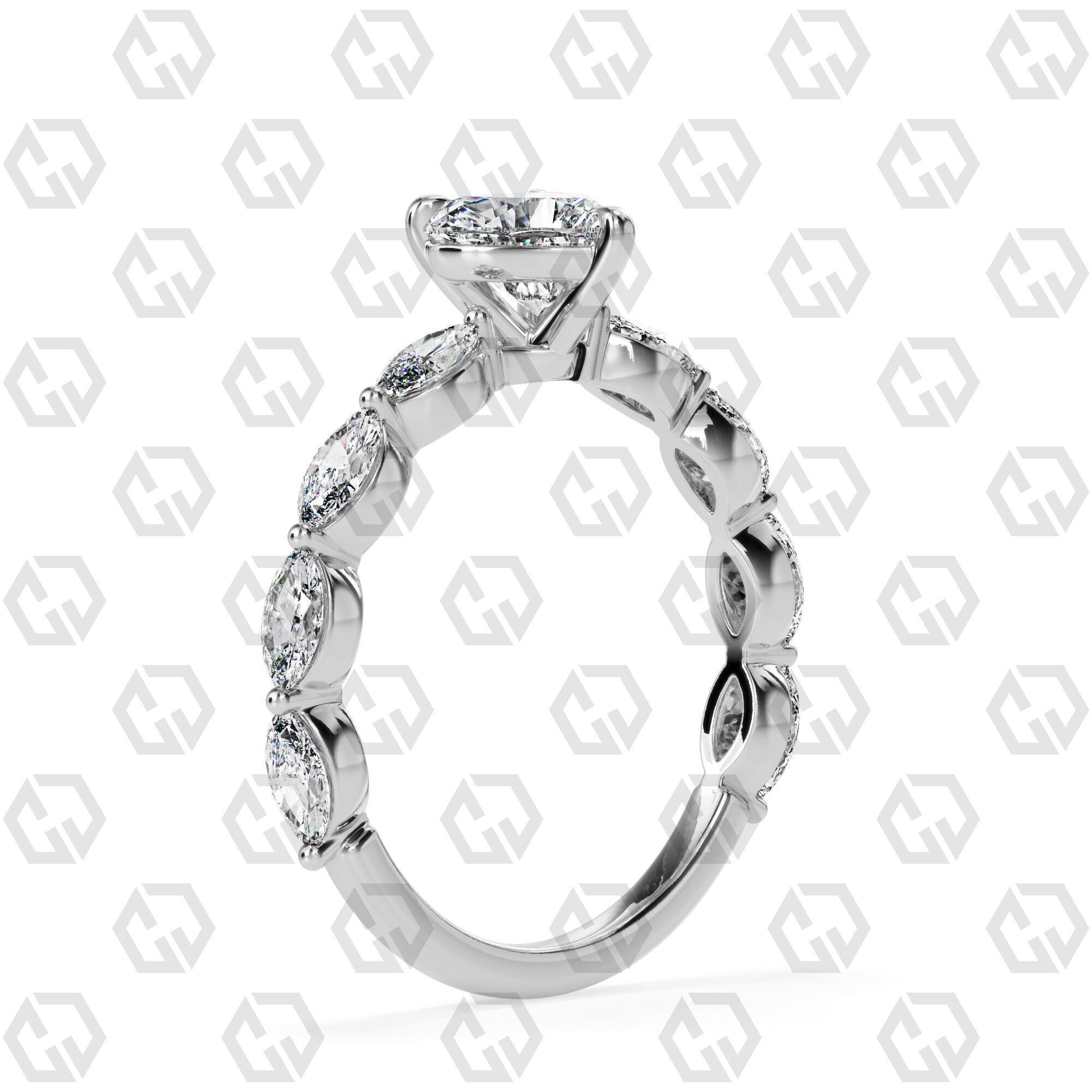 Ring 84 Heart Shape marquise on shanks with Gems 3D print model_6