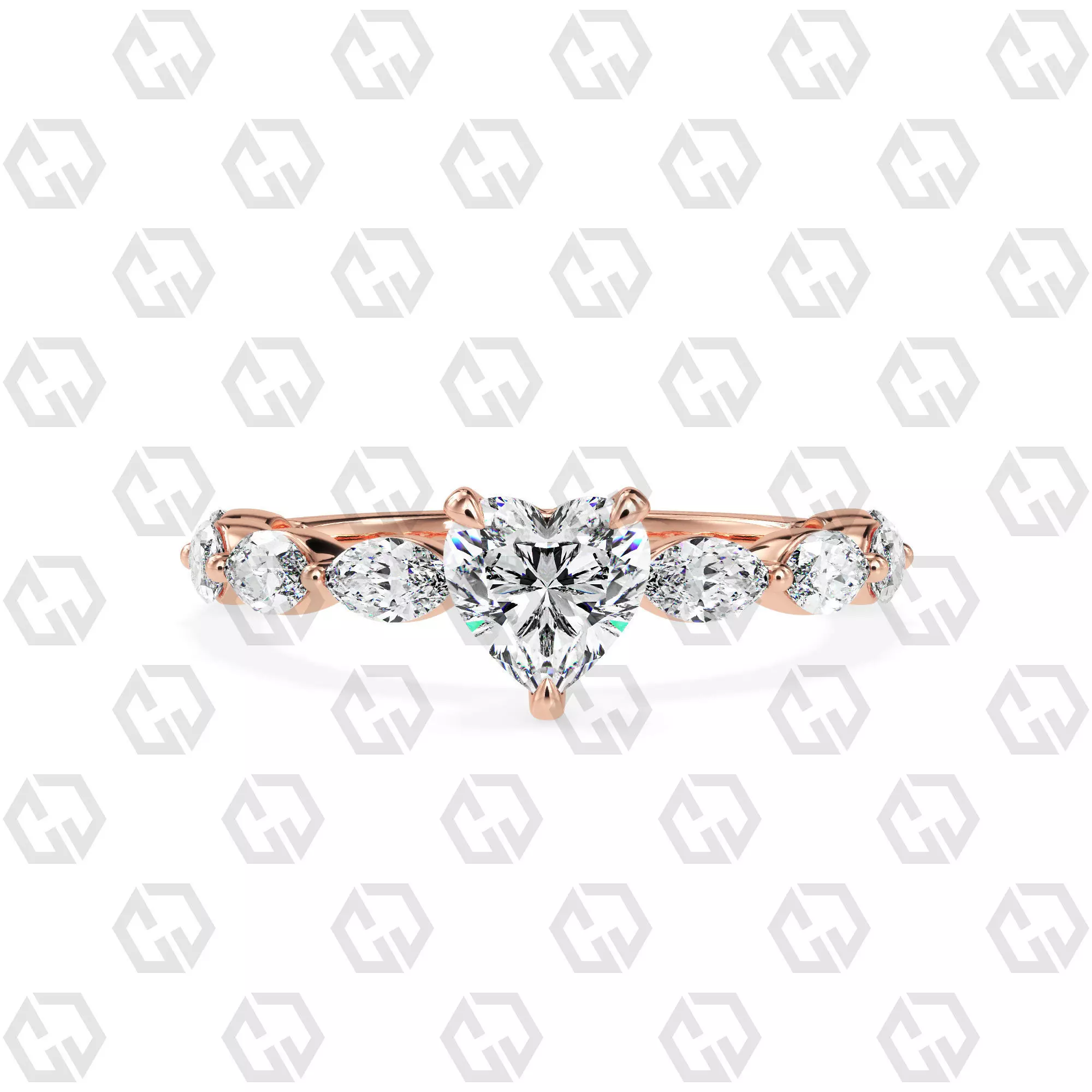 Ring 84 Heart Shape marquise on shanks with Gems 3D print model_0