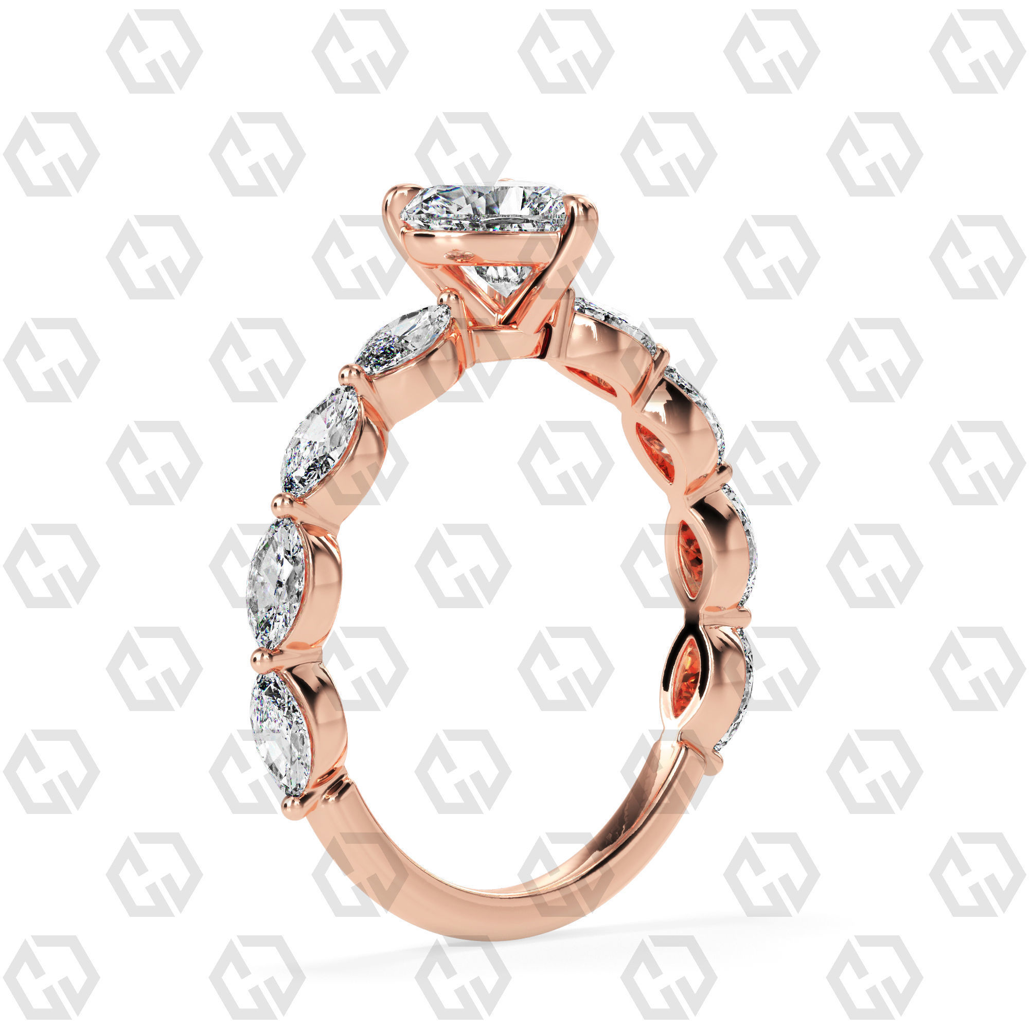 Ring 84 Heart Shape marquise on shanks with Gems 3D print model_1