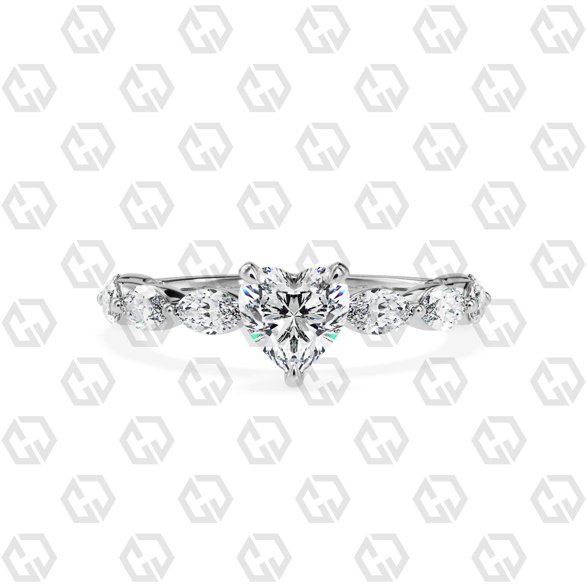 Ring 84 Heart Shape marquise on shanks with Gems 3D print model_7