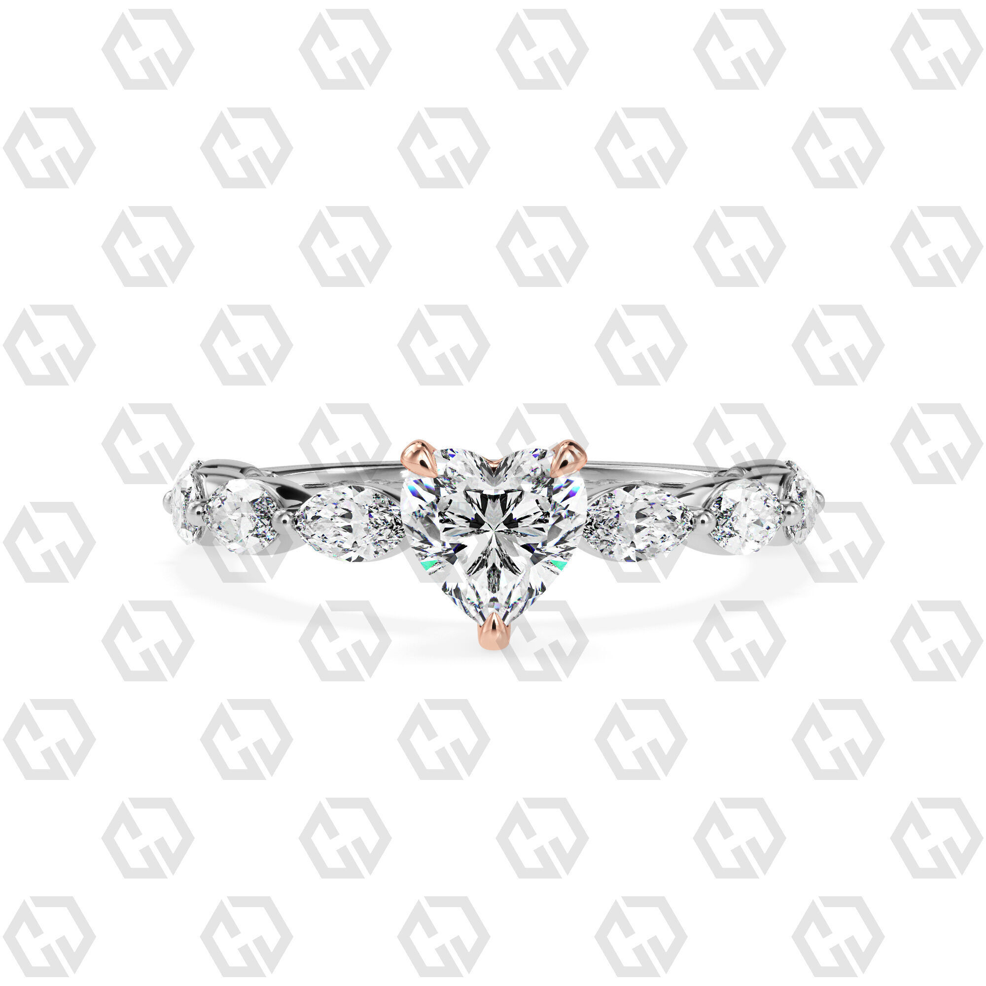 Ring 84 Heart Shape marquise on shanks with Gems 3D print model_3