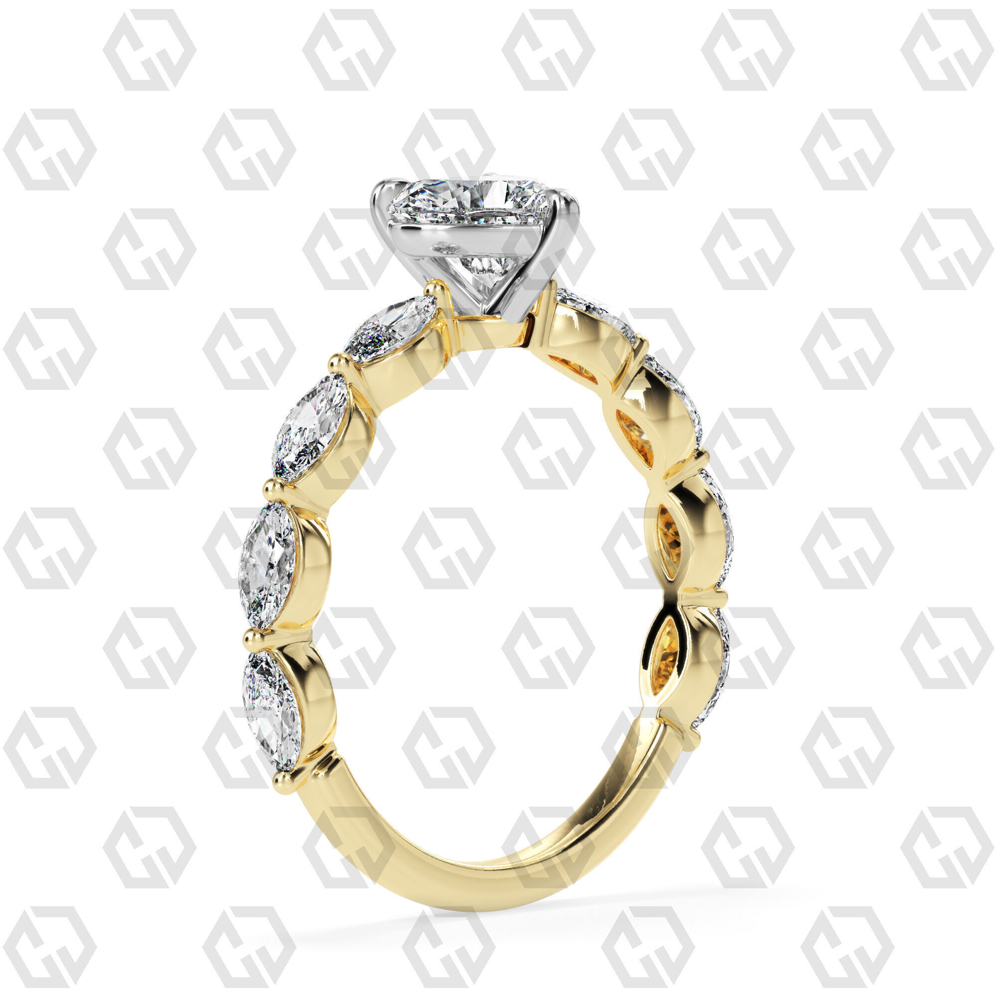 Ring 84 Heart Shape marquise on shanks with Gems 3D print model_8