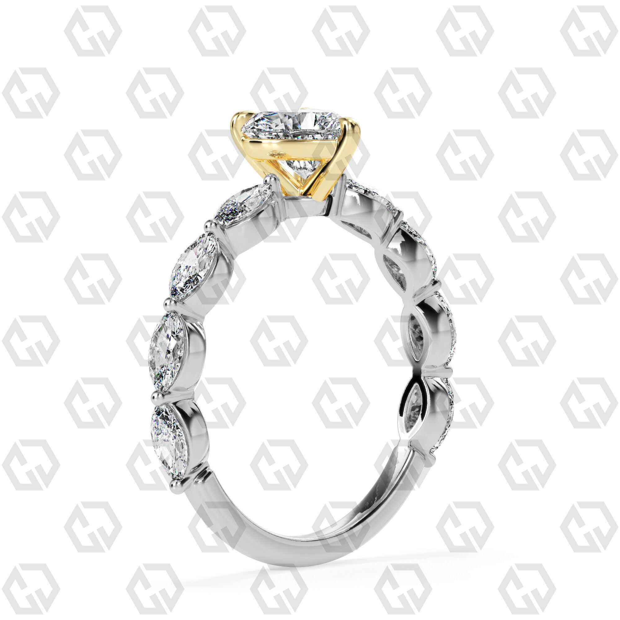 Ring 84 Heart Shape marquise on shanks with Gems 3D print model_10