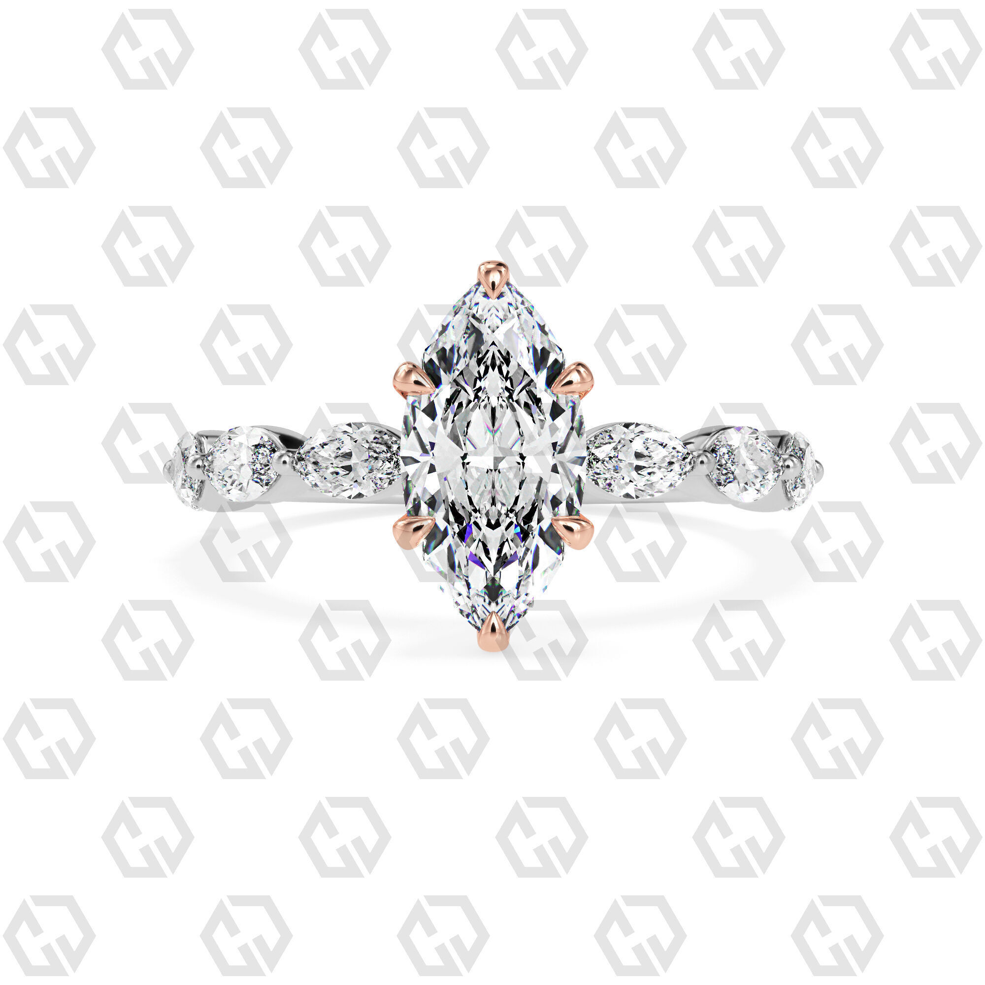 Ring 85 Marquise Shape marquise on shanks with Gems 3D print model_3