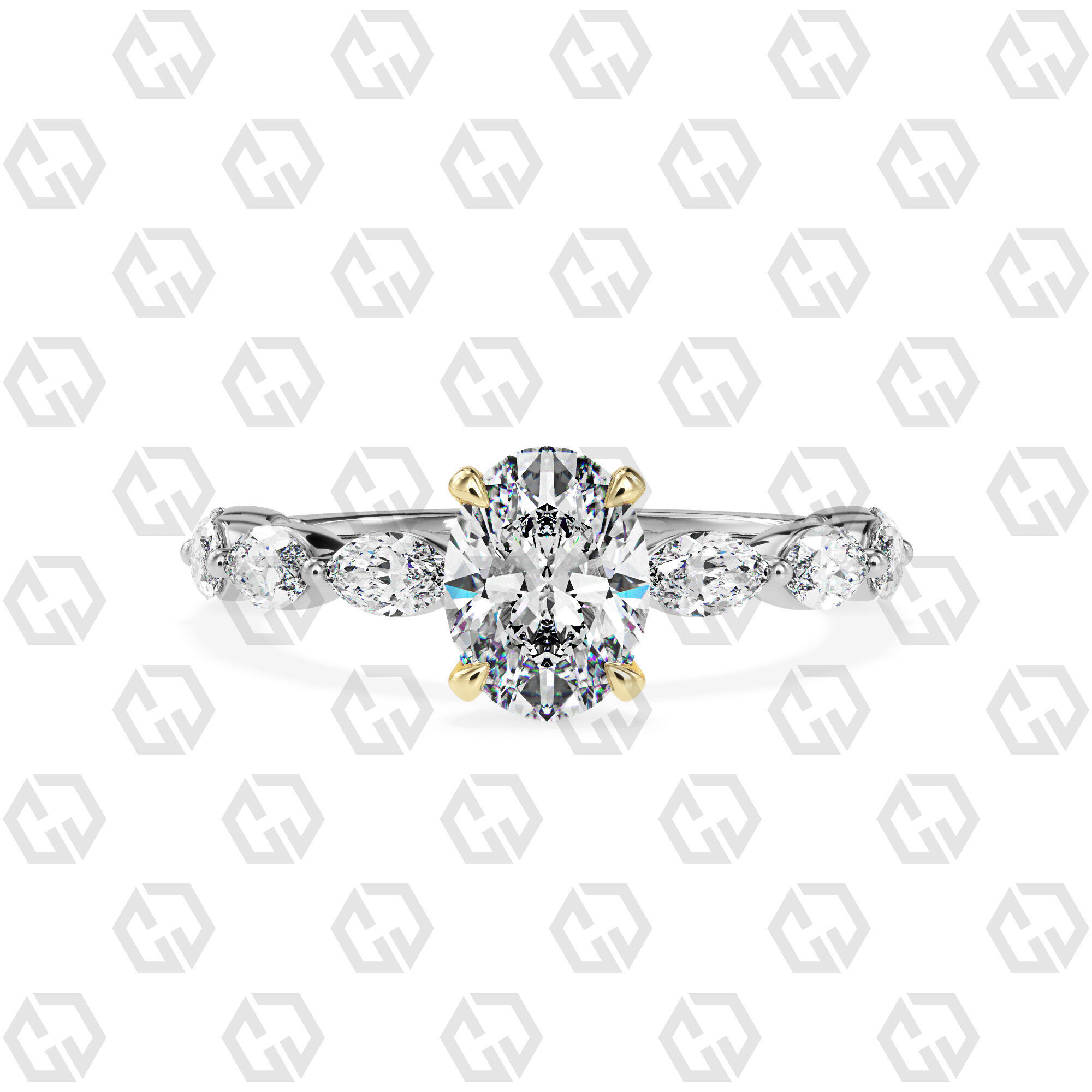 Ring 86 Oval Shape marquise on shanks with Gems 3D print model_11