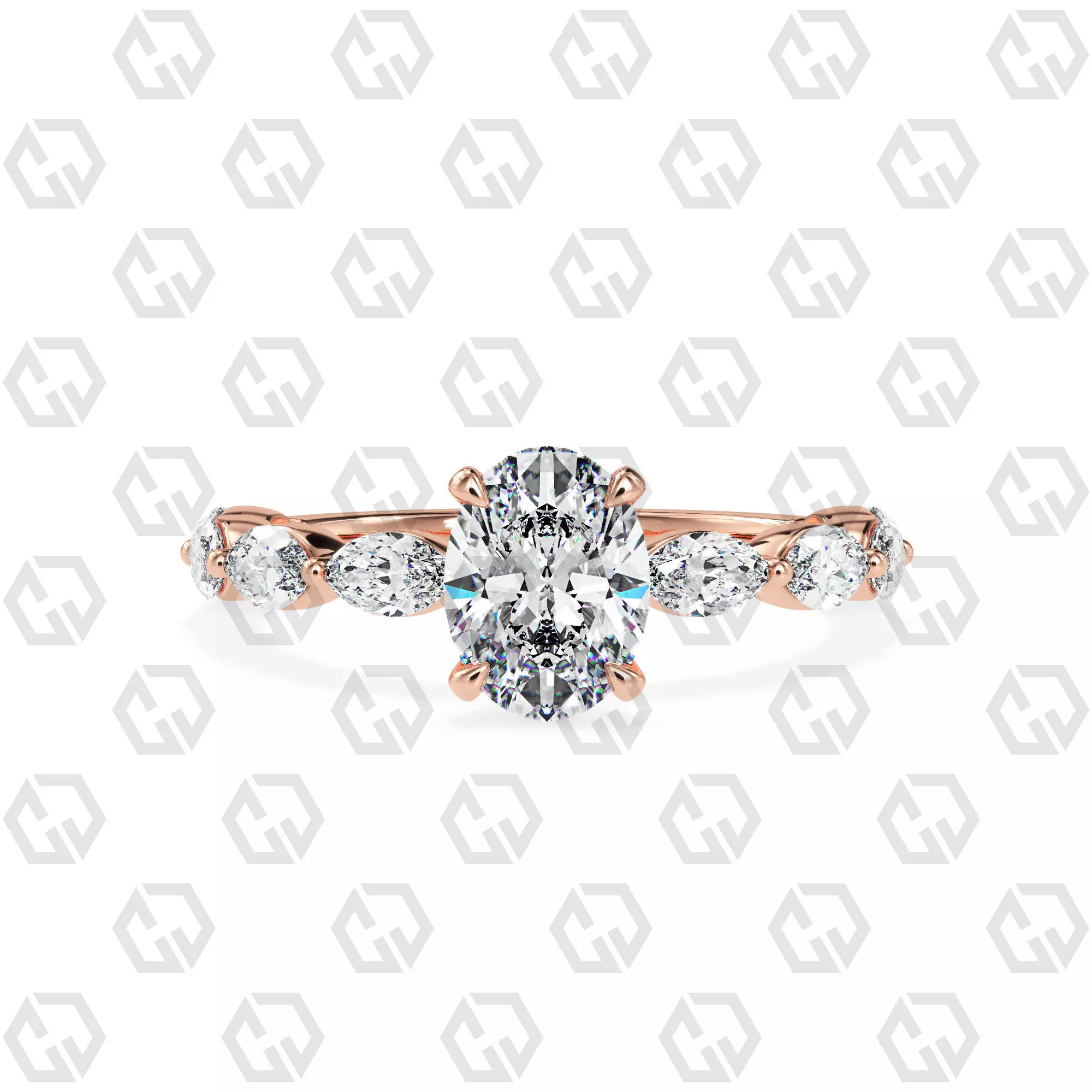 Ring 86 Oval Shape marquise on shanks with Gems 3D print model_0