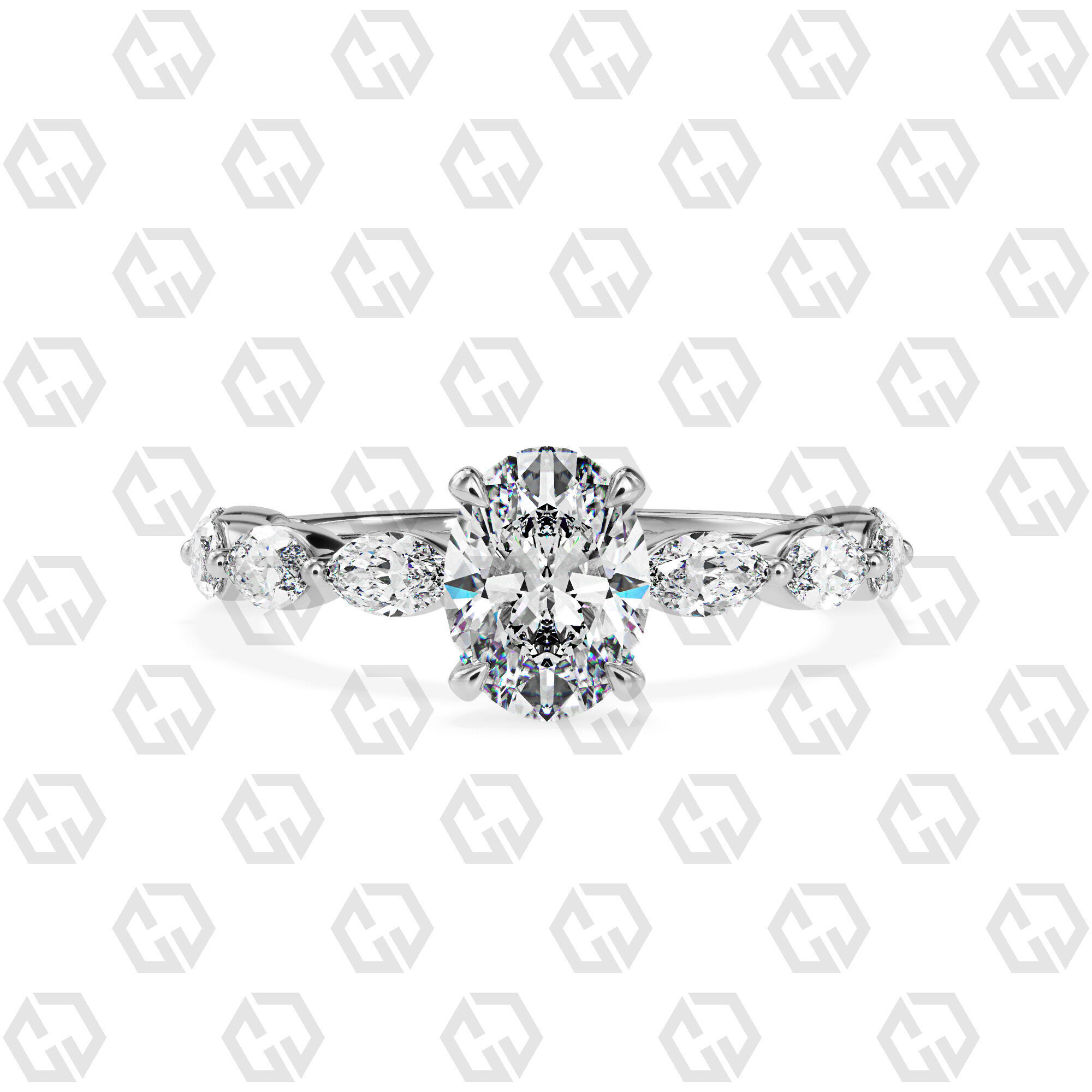 Ring 86 Oval Shape marquise on shanks with Gems 3D print model_7