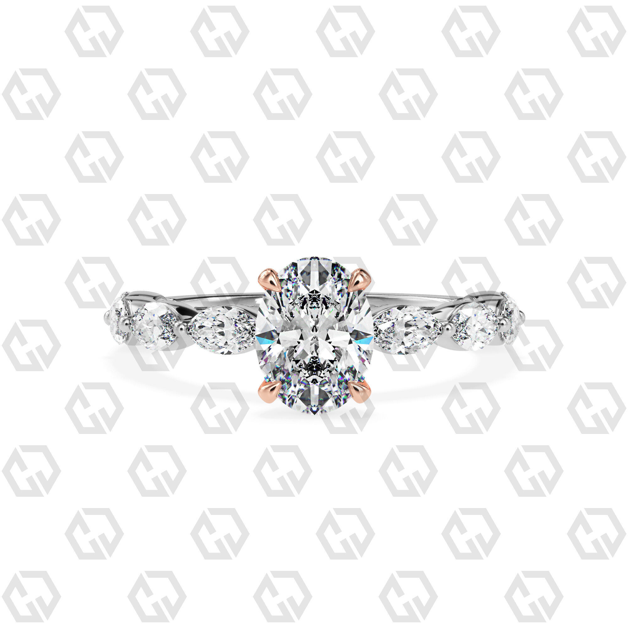 Ring 86 Oval Shape marquise on shanks with Gems 3D print model_3