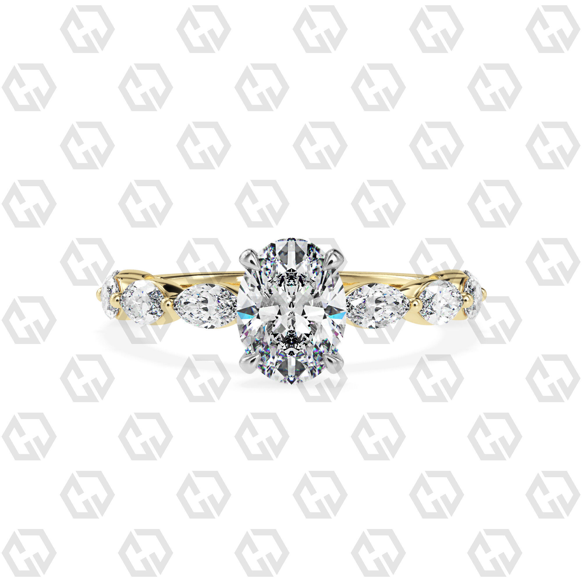 Ring 86 Oval Shape marquise on shanks with Gems 3D print model_9