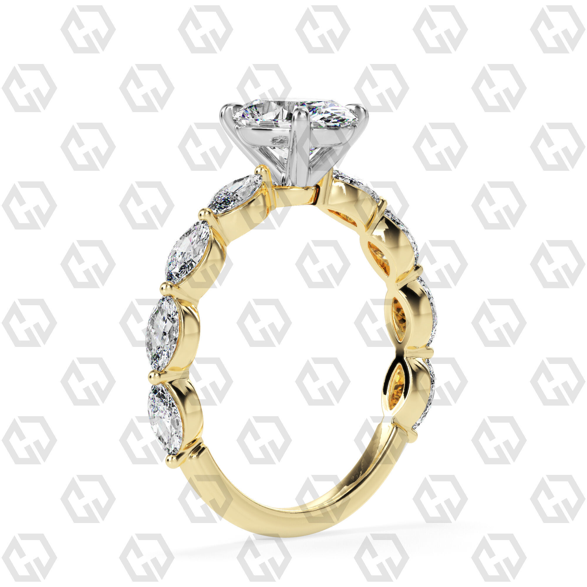 Ring 86 Oval Shape marquise on shanks with Gems 3D print model_8