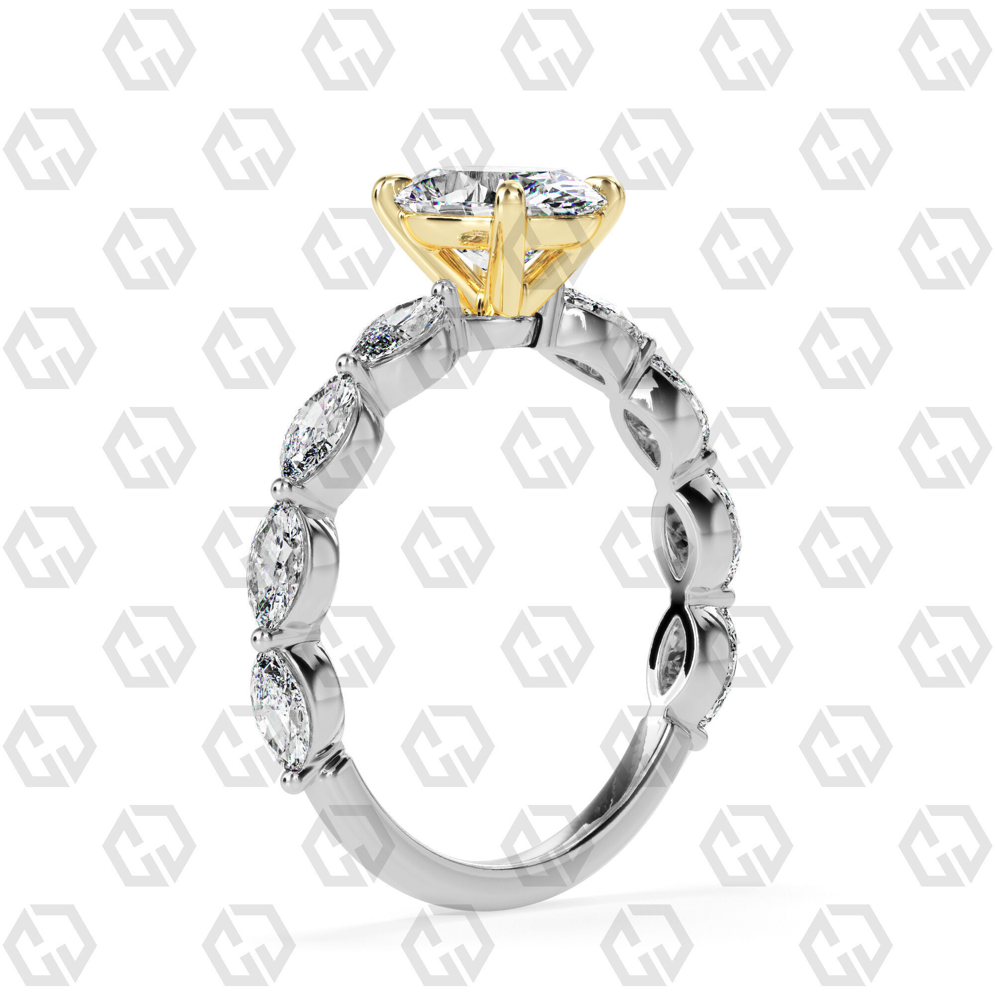 Ring 86 Oval Shape marquise on shanks with Gems 3D print model_10