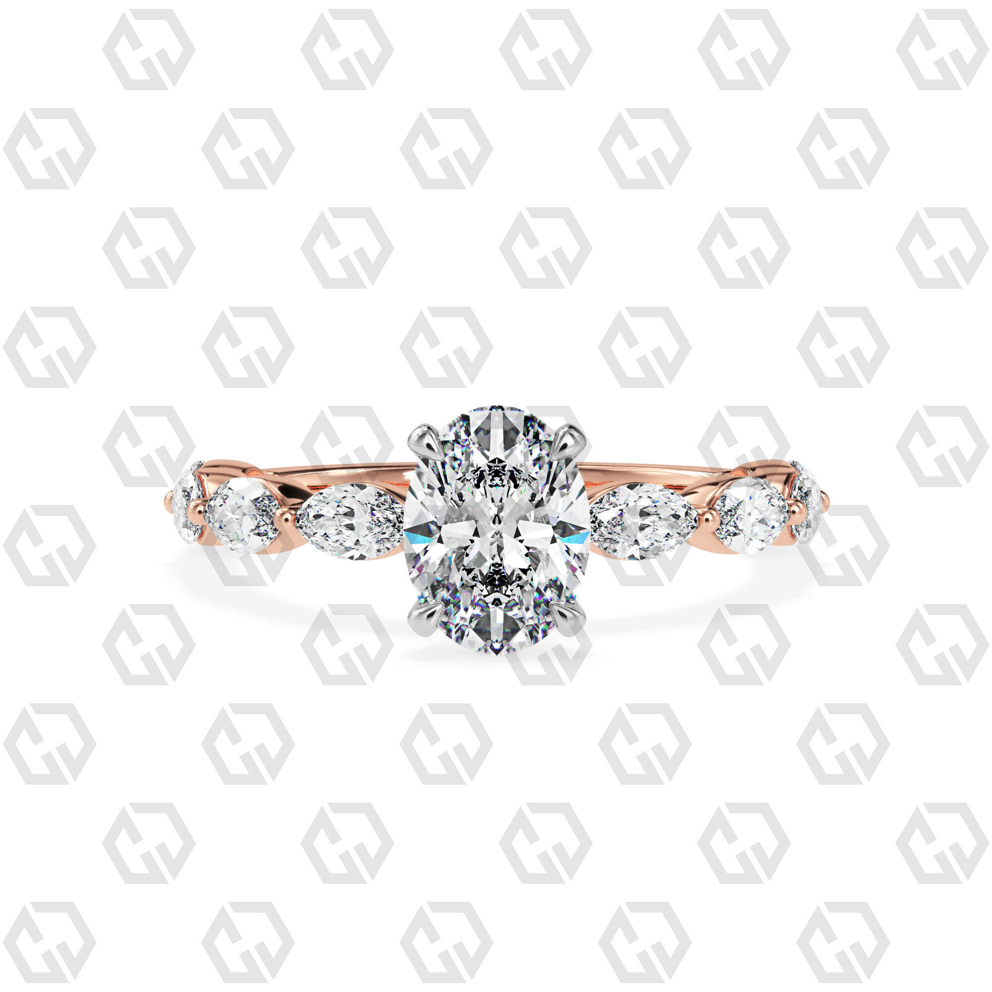 Ring 86 Oval Shape marquise on shanks with Gems 3D print model_5