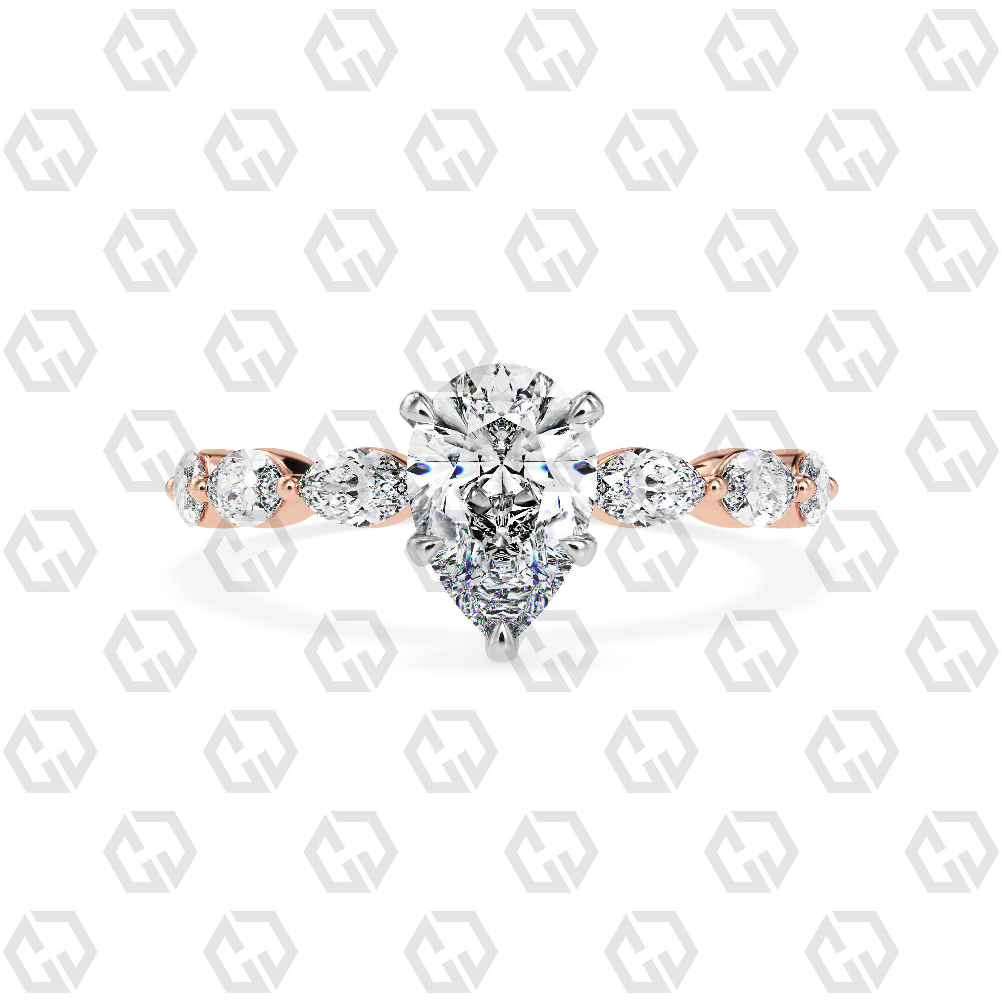 Ring 87 Pear Shape marquise on shanks with Gems 3D print model_5