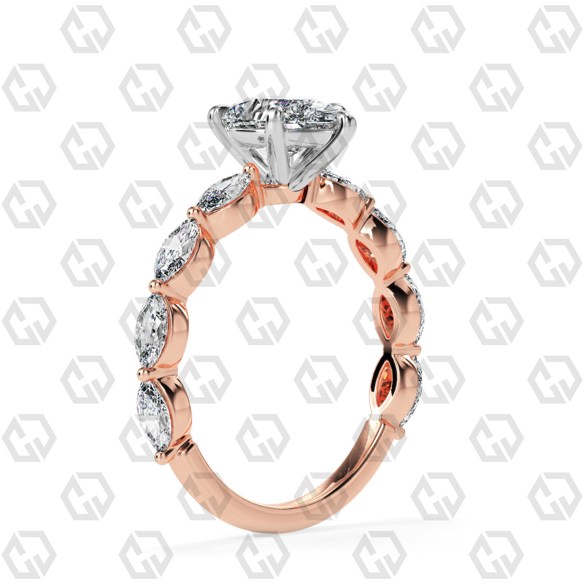 Ring 87 Pear Shape marquise on shanks with Gems 3D print model_4