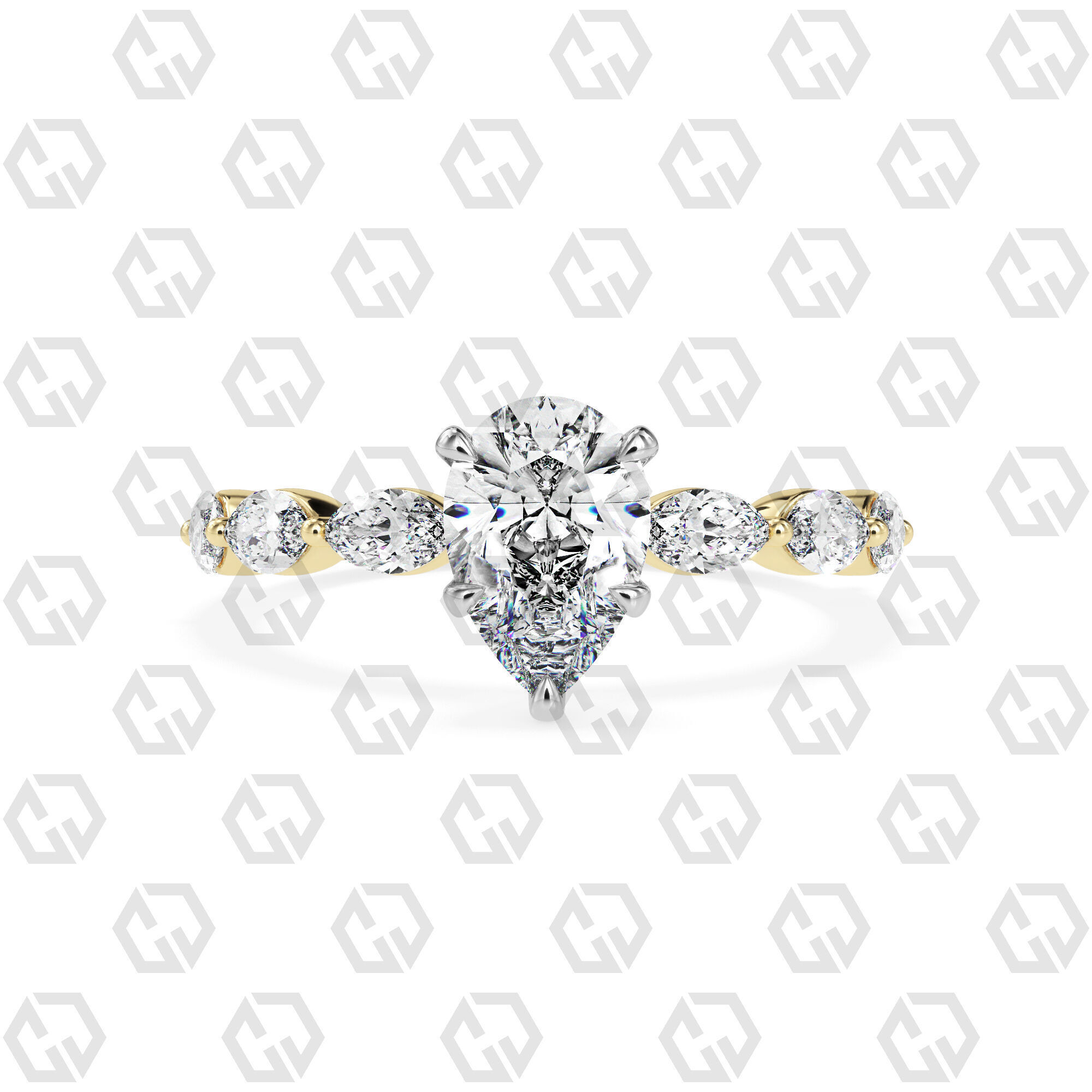 Ring 87 Pear Shape marquise on shanks with Gems 3D print model_9