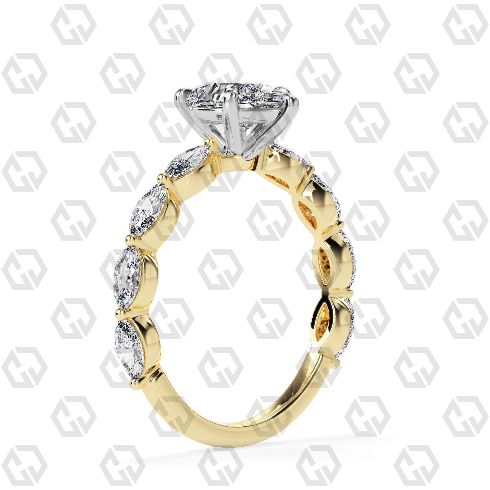 Ring 87 Pear Shape marquise on shanks with Gems 3D print model_8