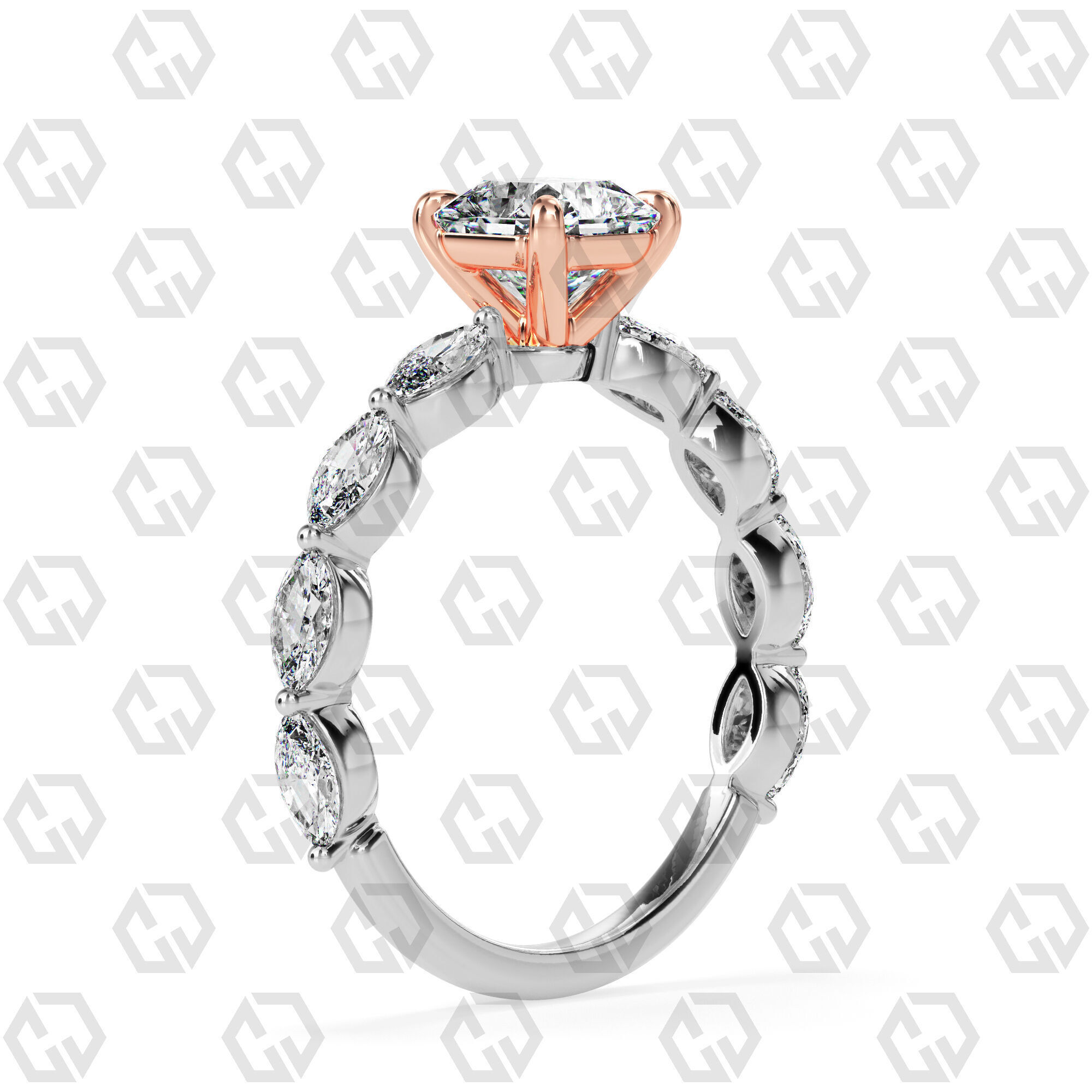 Ring 90 Radiant Shape marquise on shanks with Gems 3D print model_2