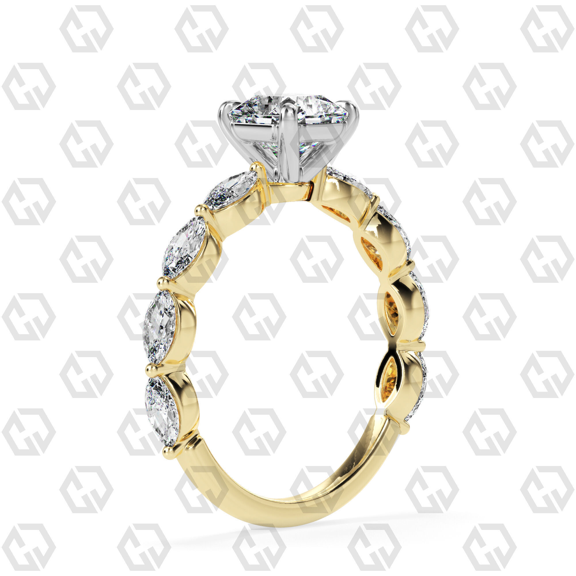 Ring 90 Radiant Shape marquise on shanks with Gems 3D print model_8