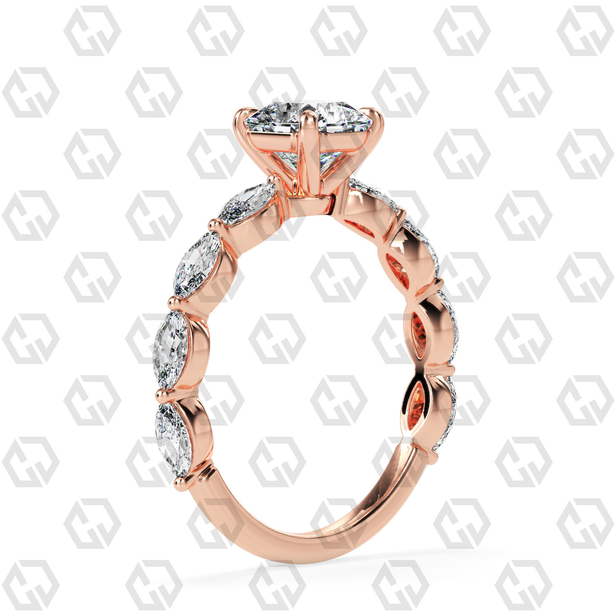 Ring 90 Radiant Shape marquise on shanks with Gems 3D print model_1